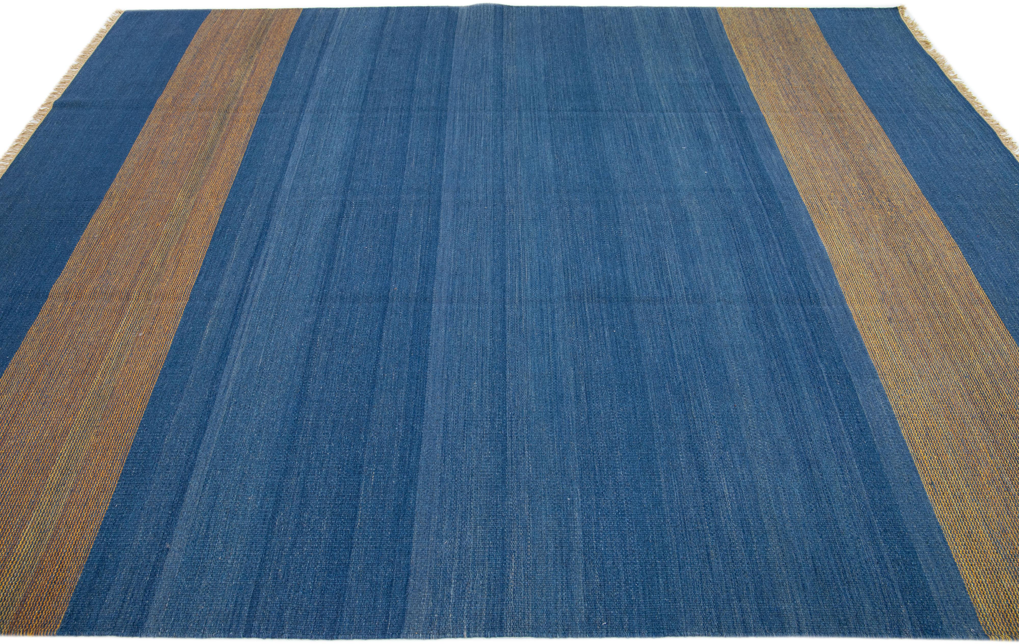 Blue Flatweave Modern Turkish Kilim Wool Rug with Minimalist Design In New Condition For Sale In Norwalk, CT