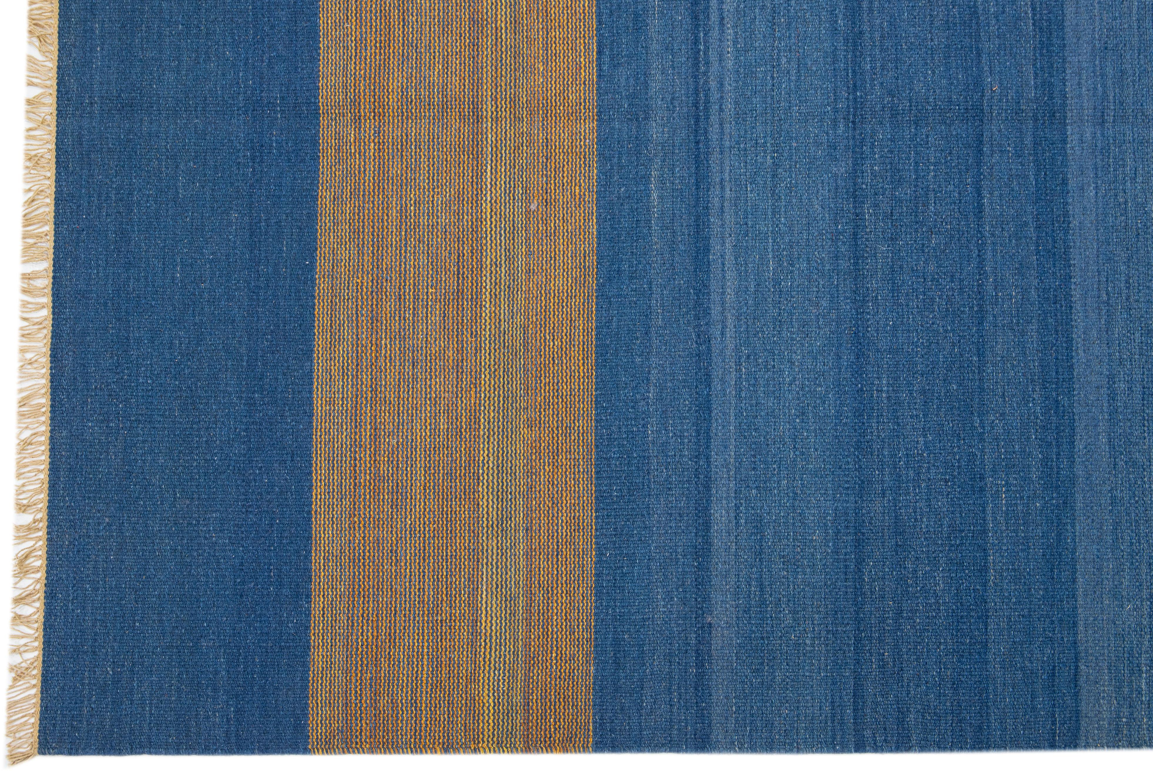 Contemporary Blue Flatweave Modern Turkish Kilim Wool Rug with Minimalist Design For Sale
