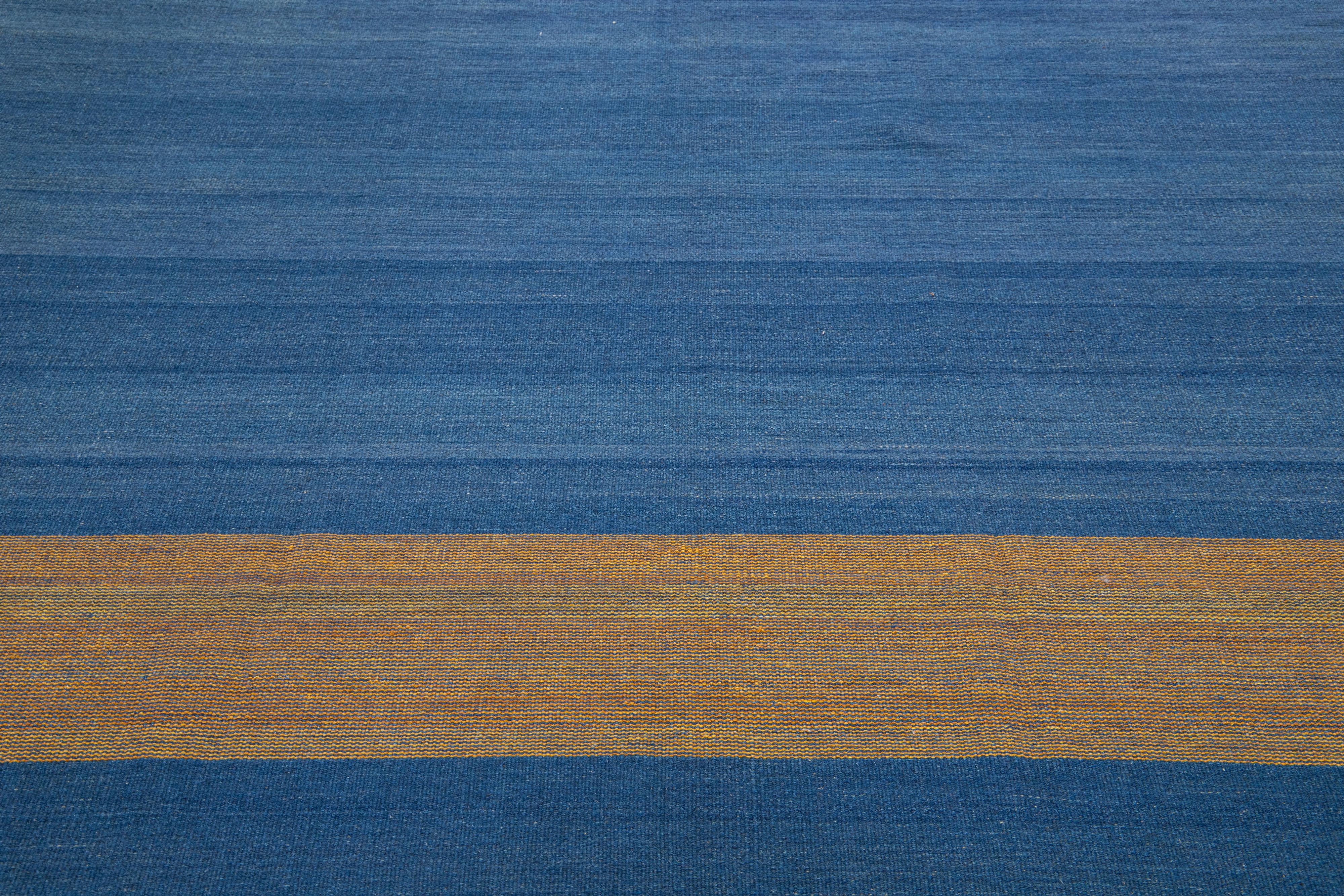 Blue Flatweave Modern Turkish Kilim Wool Rug with Minimalist Design For Sale 1