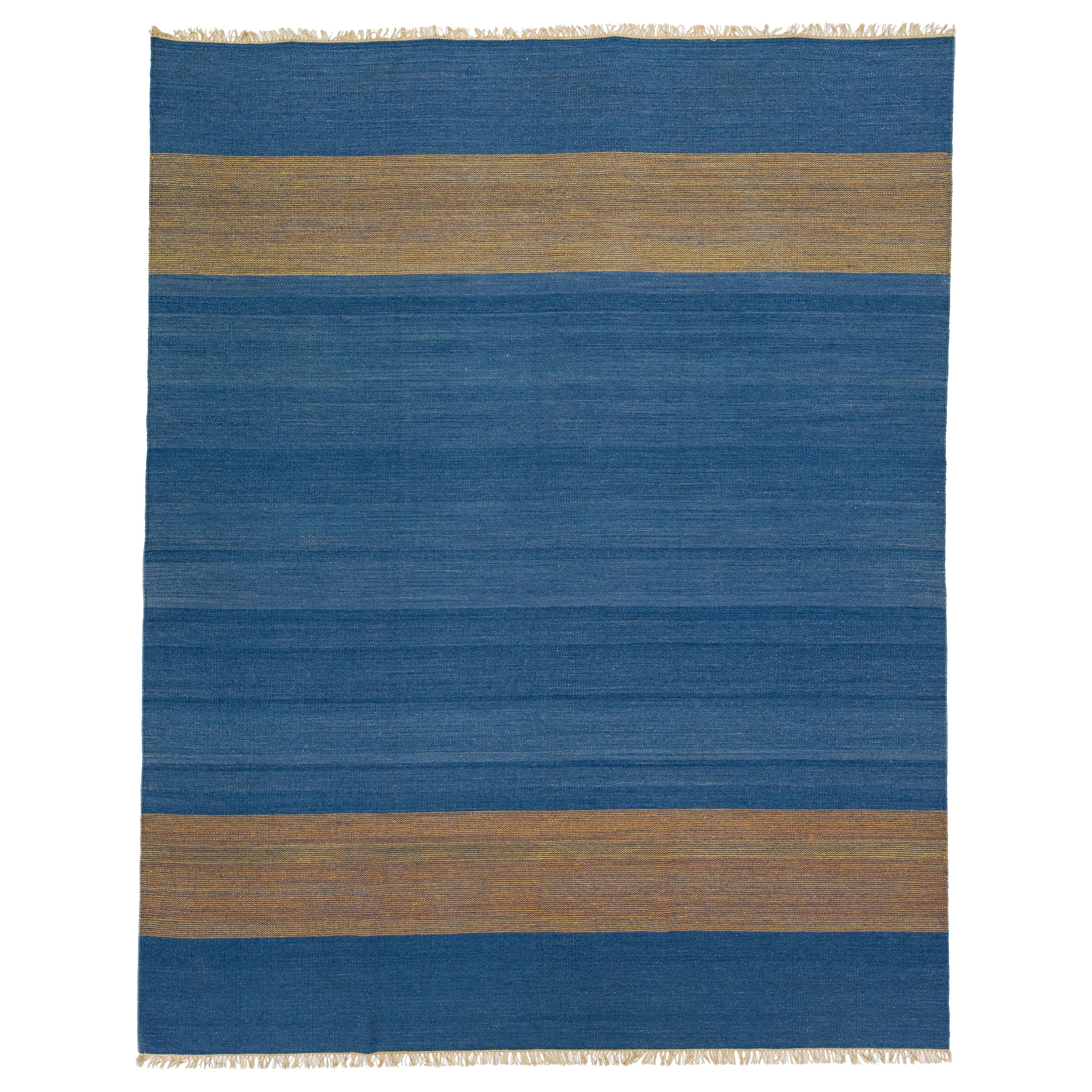 Tappeto turco moderno a trama piatta blu in lana Kilim dal design minimalista