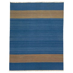 Tappeto turco moderno a trama piatta blu in lana Kilim dal design minimalista