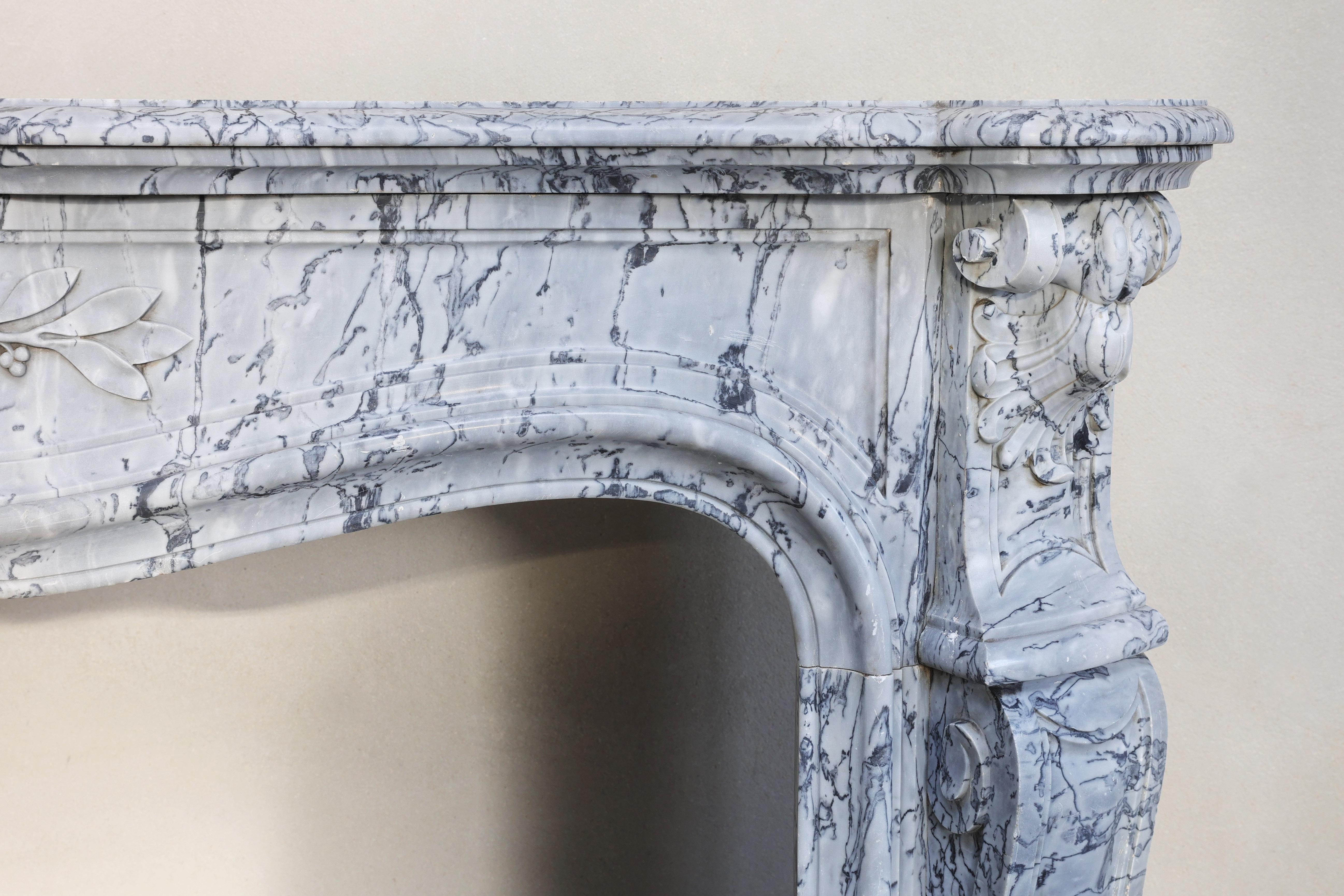 French Blue Fleuri Marble Fireplace from the 19th Century in Style of Louis XV