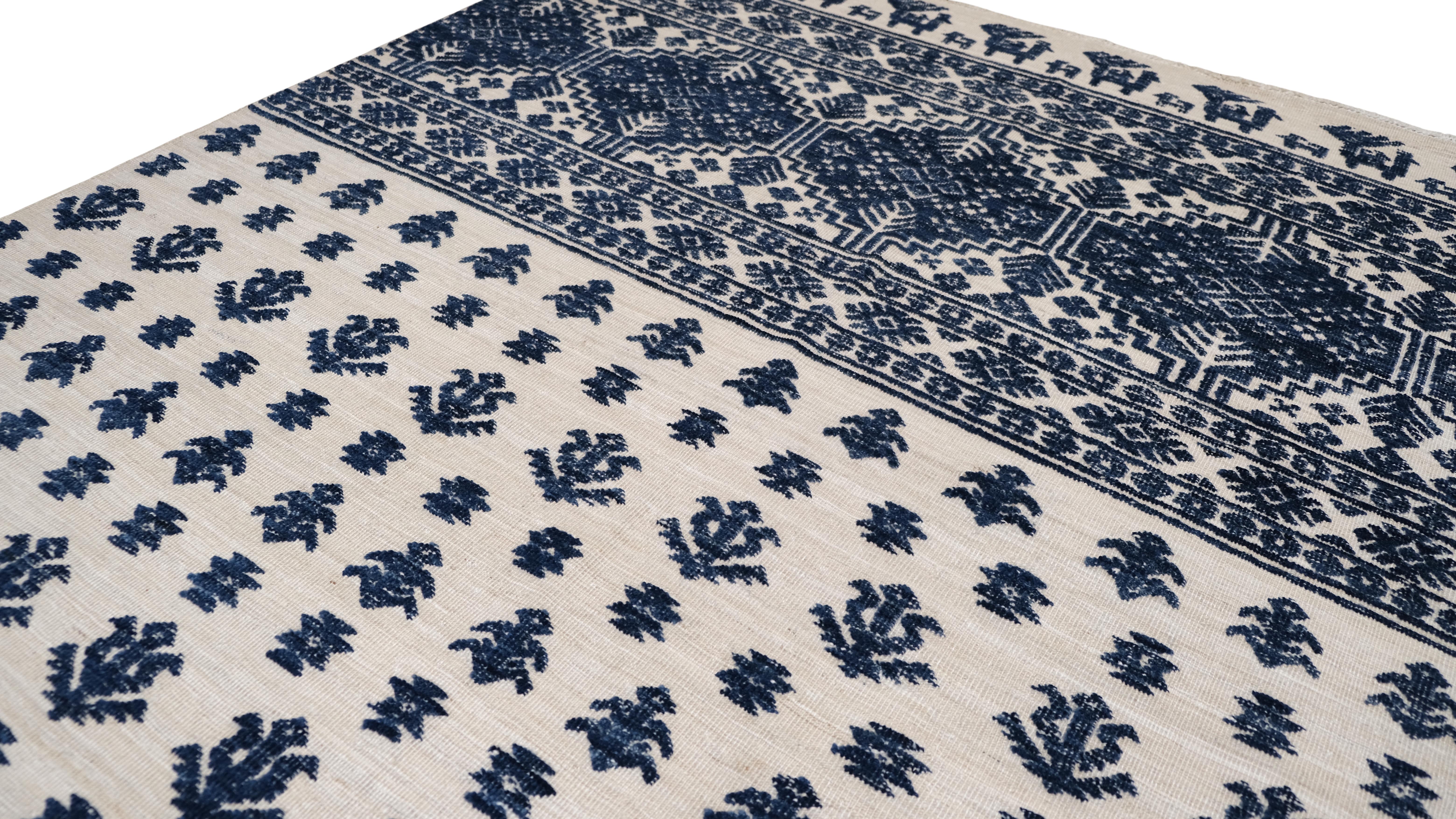 Arts and Crafts Blue Floral and Geometric Patterned Ivory/Navy  Wool Rug 12'3''x14'7'' For Sale