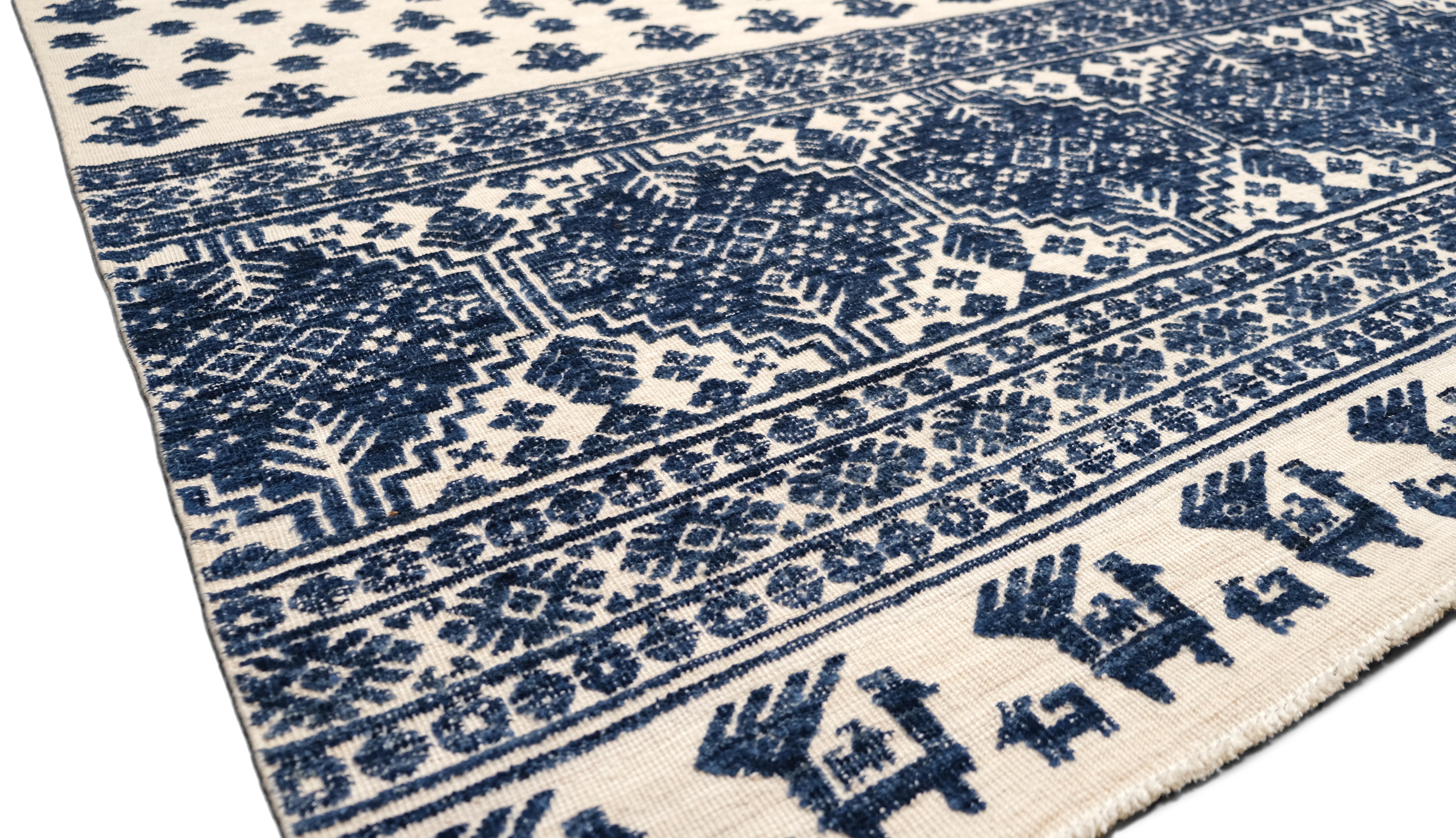 Pakistani Blue Floral and Geometric Patterned Ivory/Navy  Wool Rug 12'3''x14'7'' For Sale
