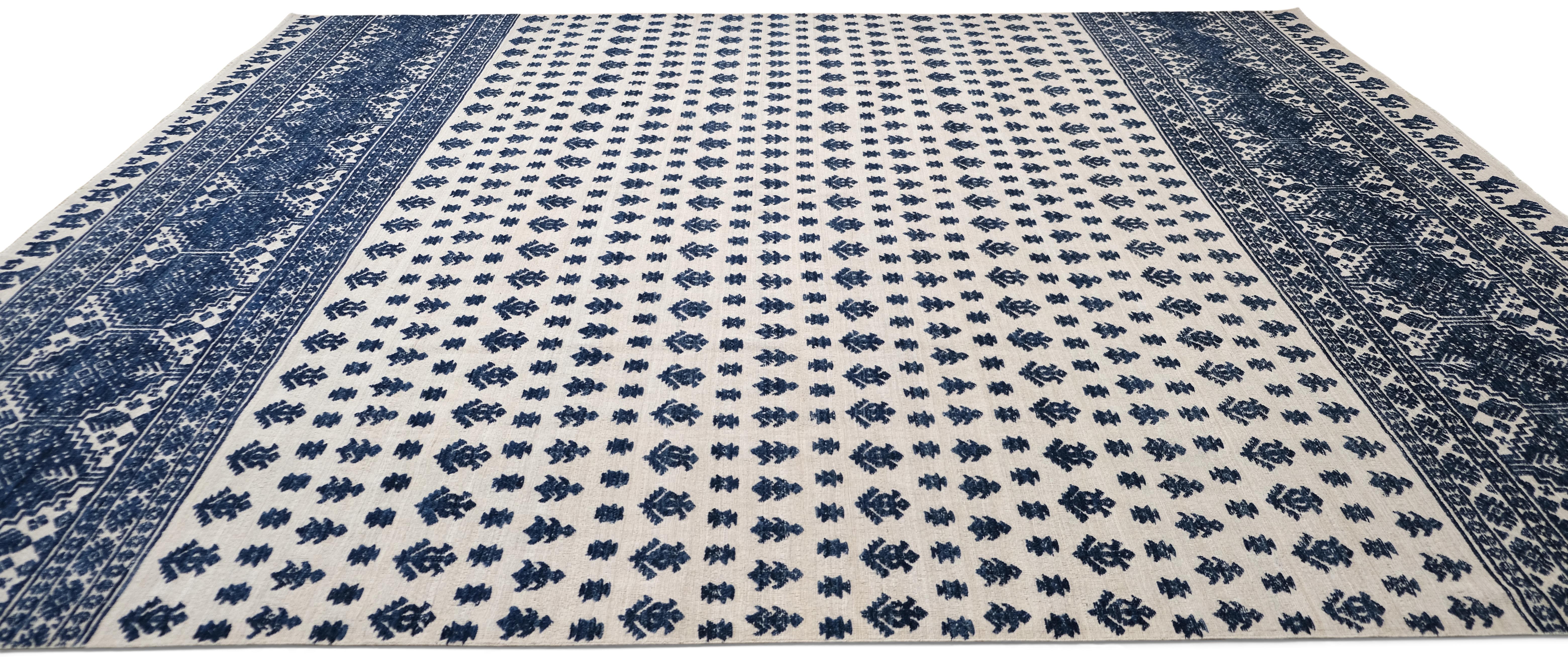 Hand-Knotted Blue Floral and Geometric Patterned Ivory/Navy  Wool Rug 12'3''x14'7'' For Sale