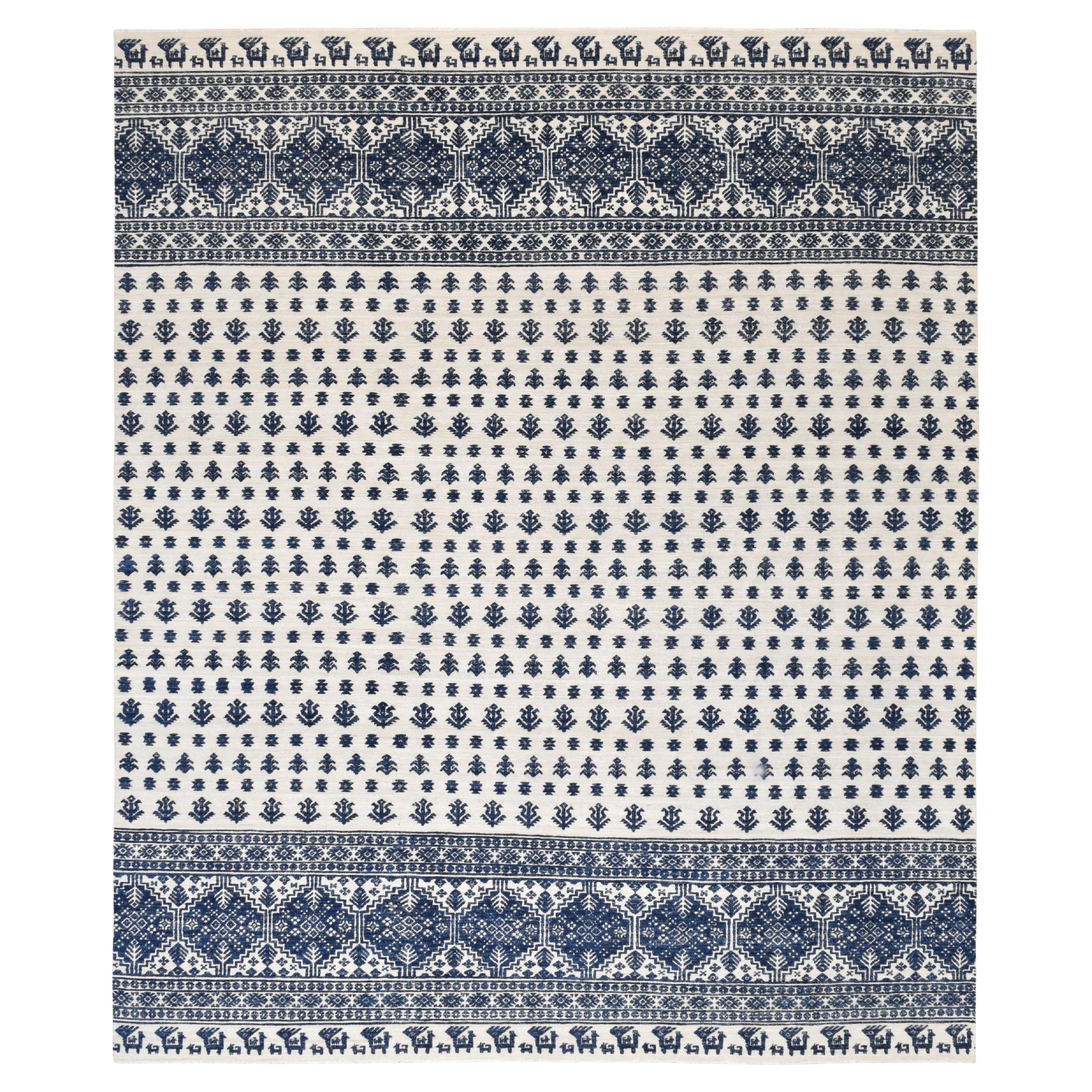 Blue Floral and Geometric Patterned Ivory/Navy  Wool Rug 12'3''x14'7''