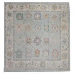 Blue Floral Design Handwoven Wool Square Turkish Oushak Rug 10'2" X 10'11"