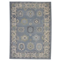 Blue Floral Design Handwoven Wool Turkish Oushak Rug 10'2" X 13'7"