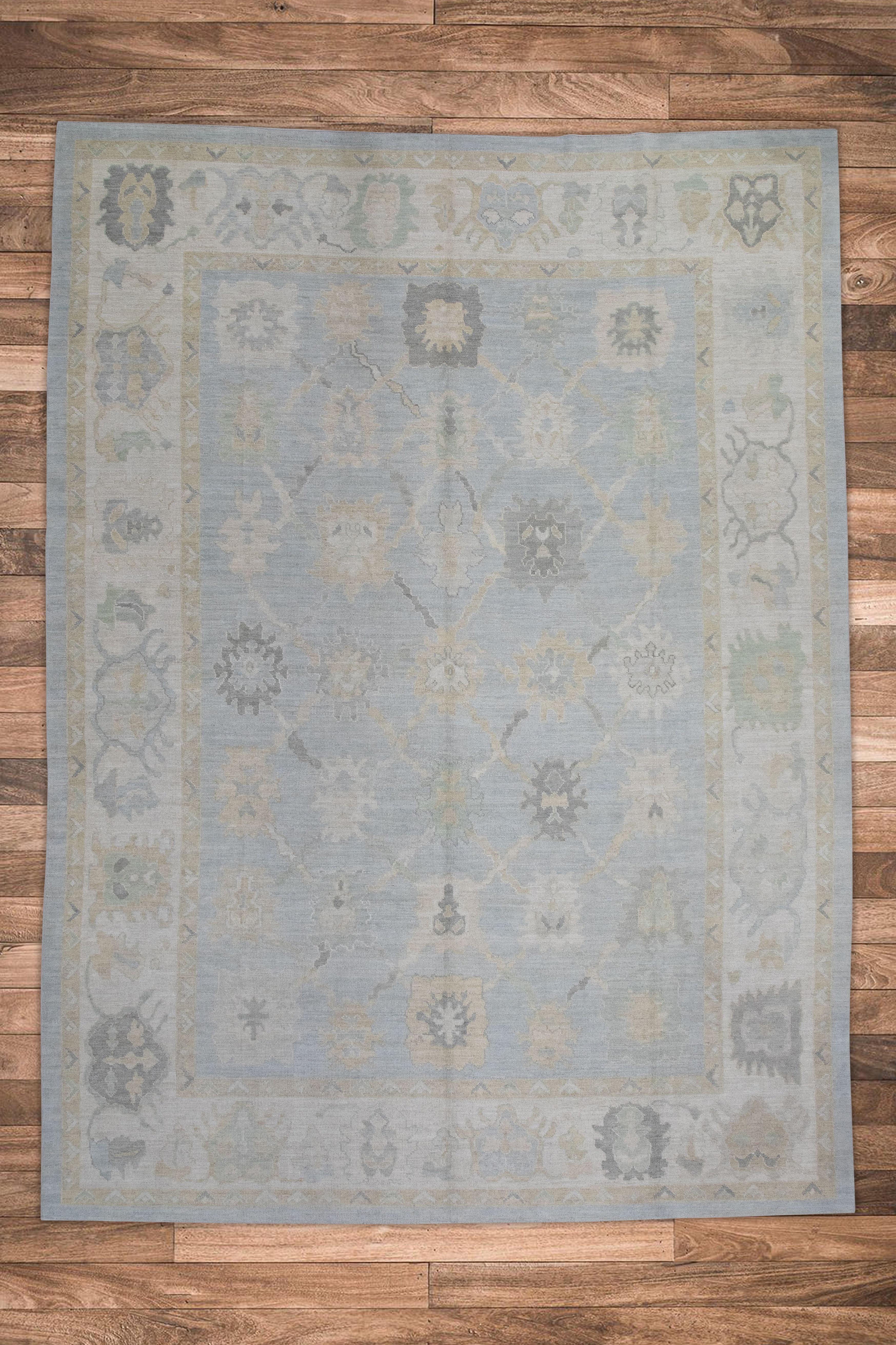 Blue Floral Design Handwoven Wool Turkish Oushak Rug 10'2