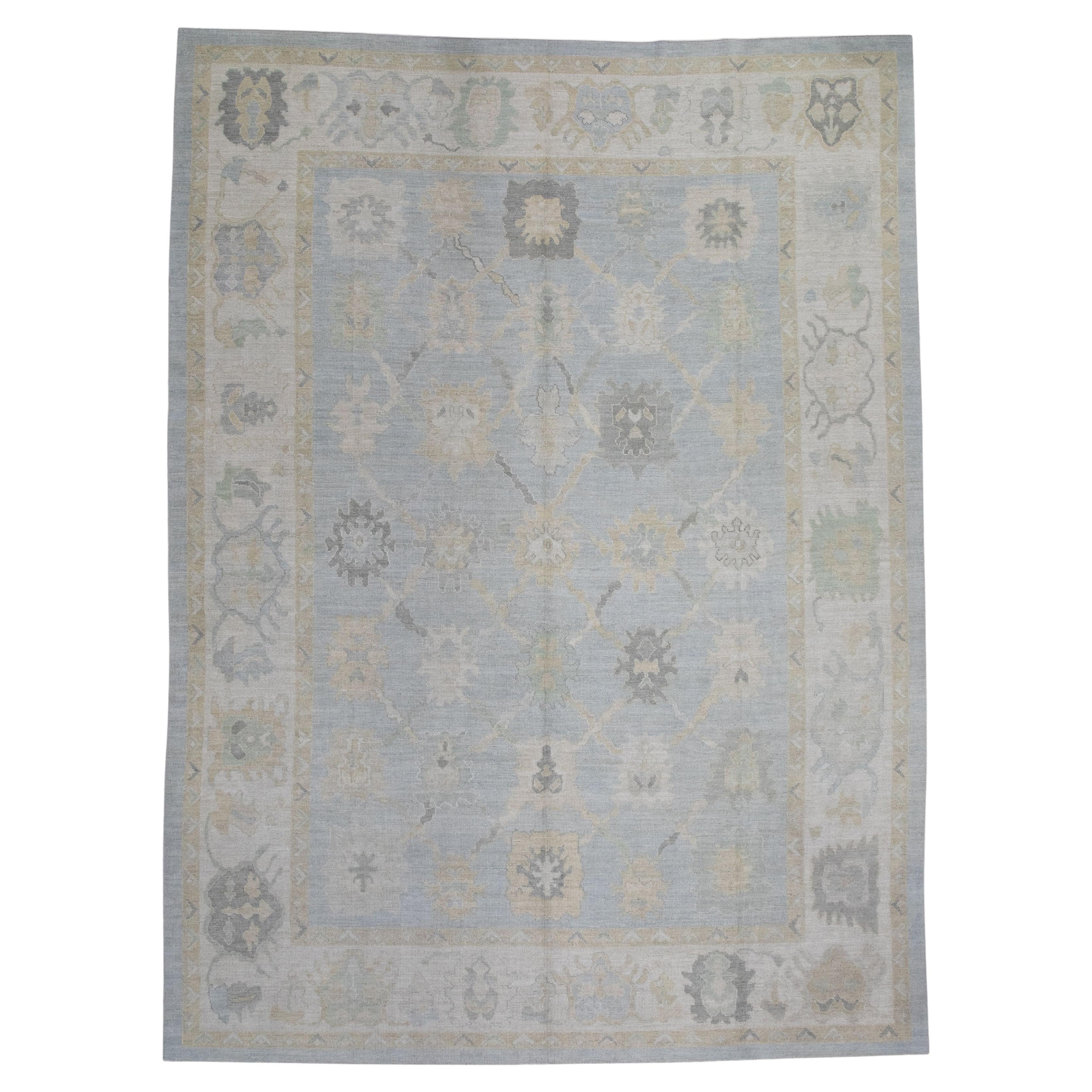 Blue Floral Design Handwoven Wool Turkish Oushak Rug 10'2" X 14'1"