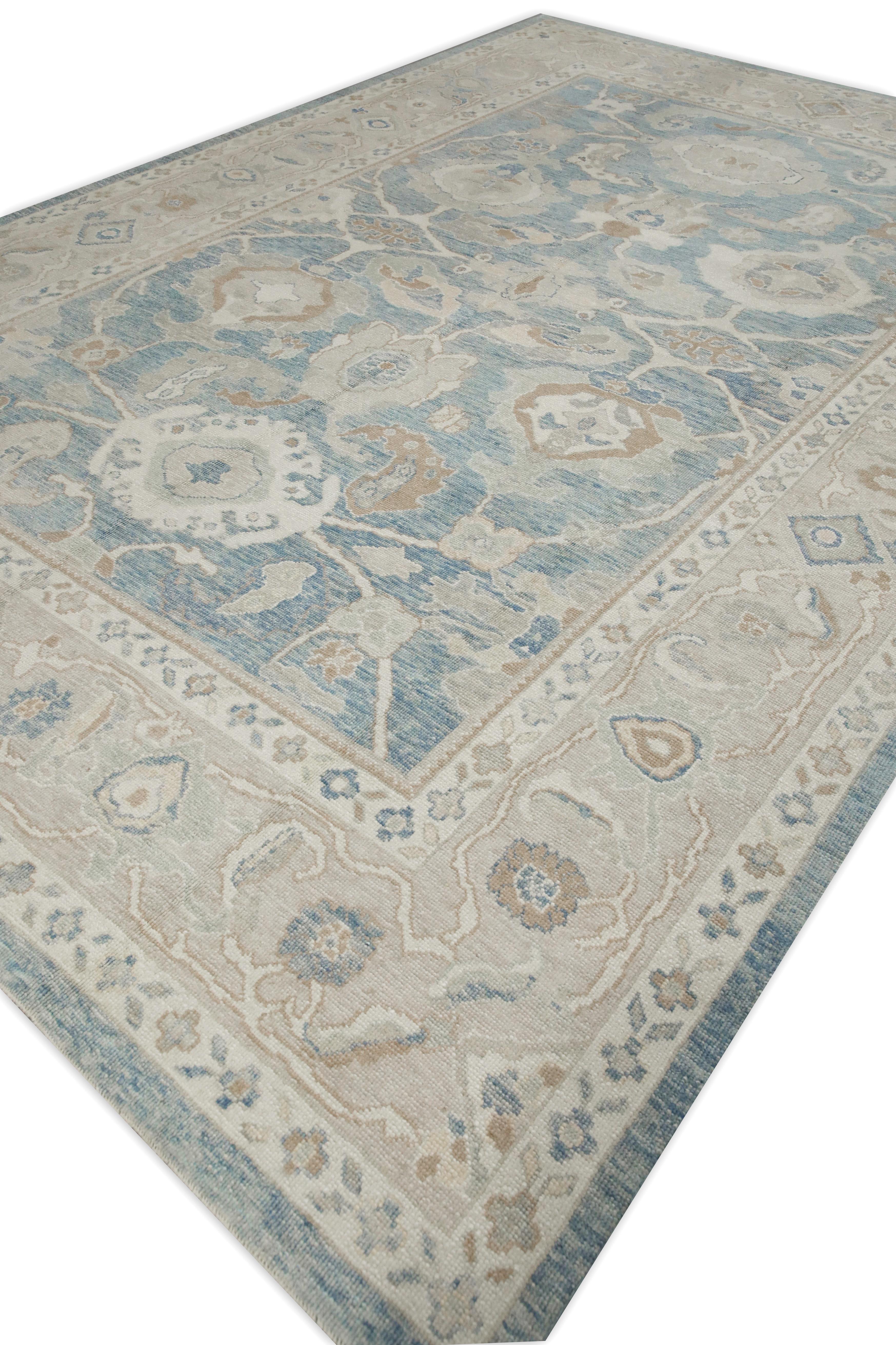Contemporary Blue Floral Design Handwoven Wool Turkish Oushak Rug 10'3