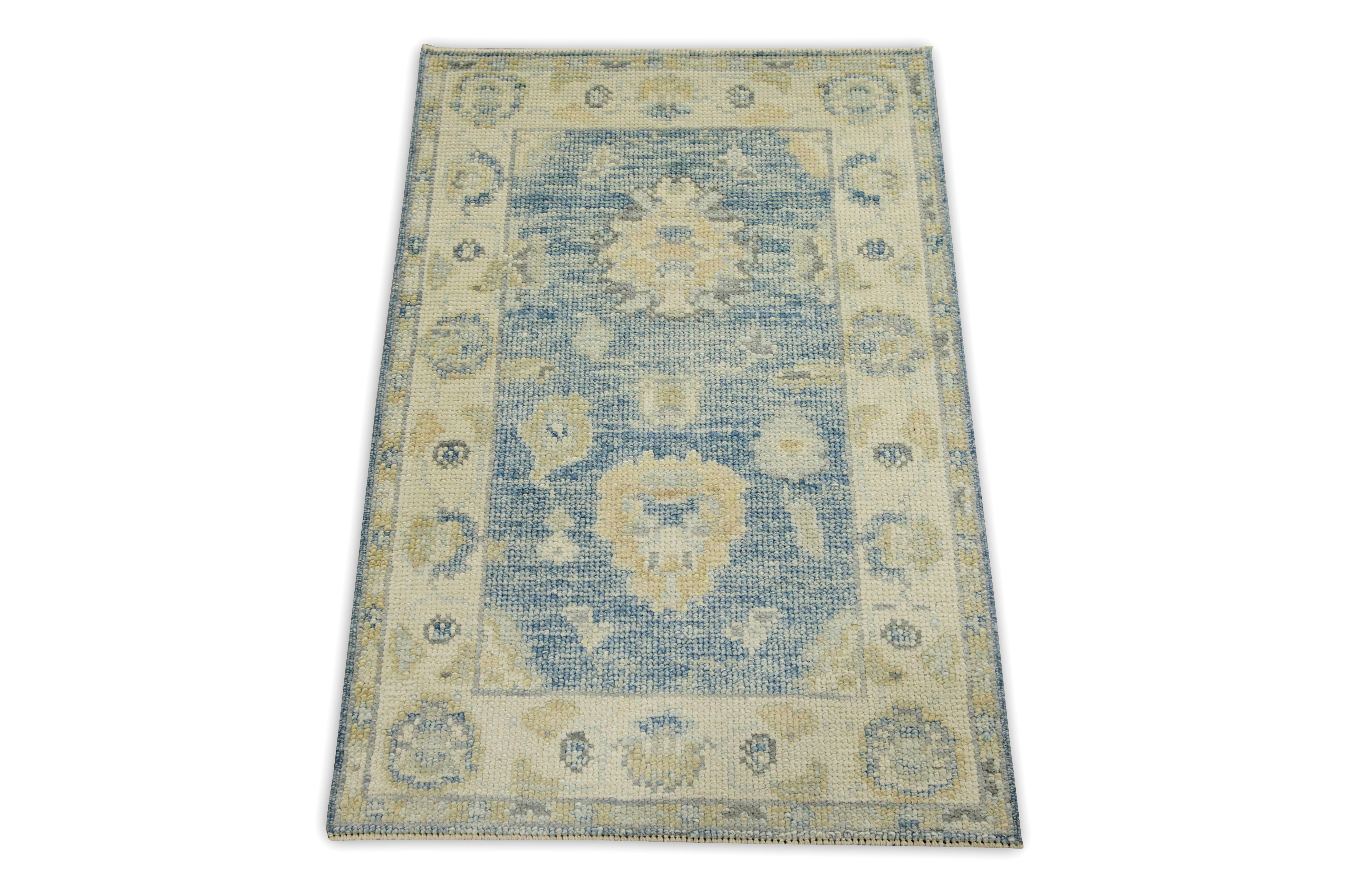 Blue Floral Design Handwoven Wool Turkish Oushak Rug In New Condition For Sale In Houston, TX