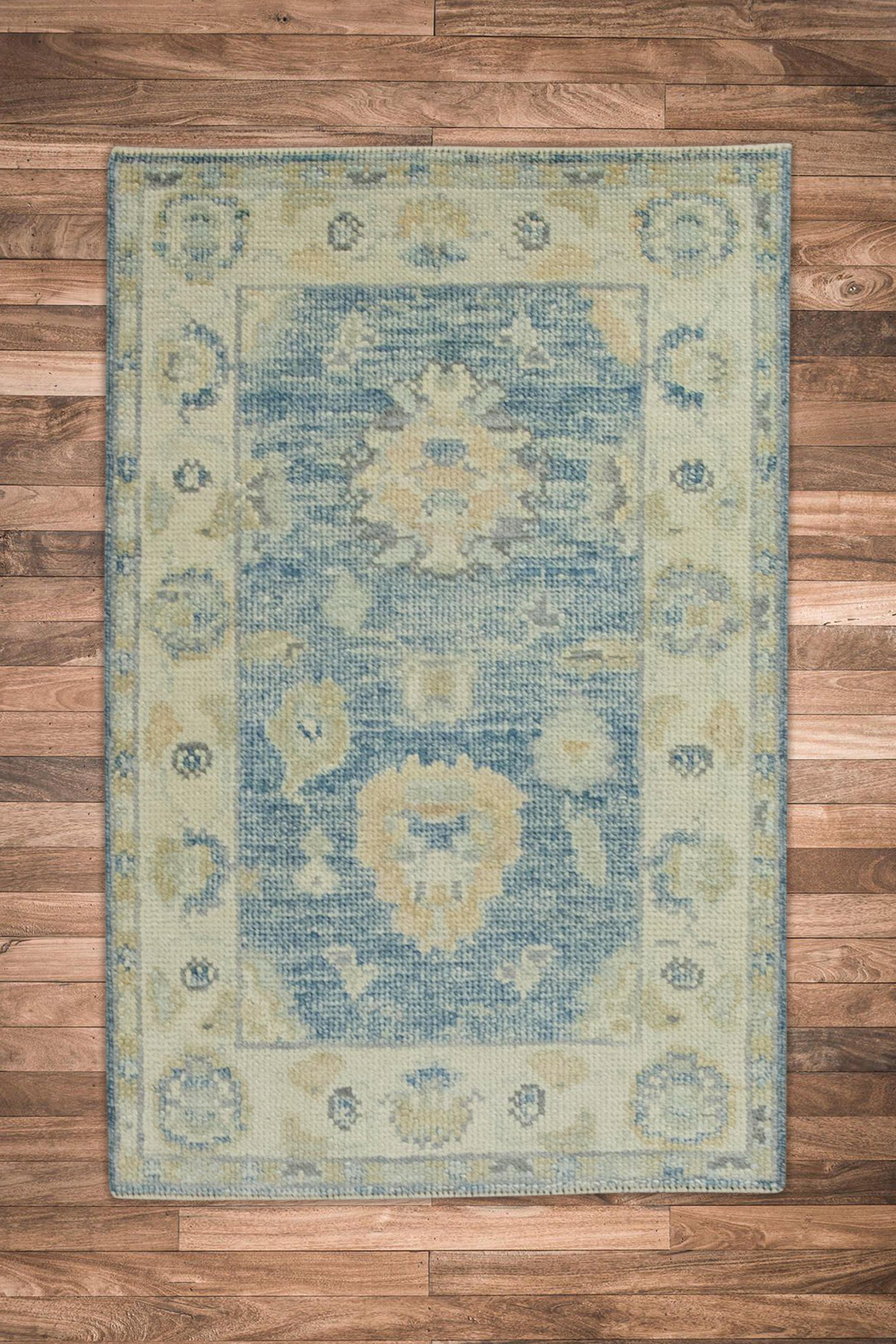 Contemporary Blue Floral Design Handwoven Wool Turkish Oushak Rug For Sale