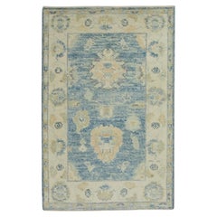 Blue Floral Design Handwoven Wool Turkish Oushak Rug