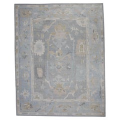 Blauer handgewebter türkischer Oushak-Teppich aus Wolle mit Blumenmuster 12'1" X 15'6"