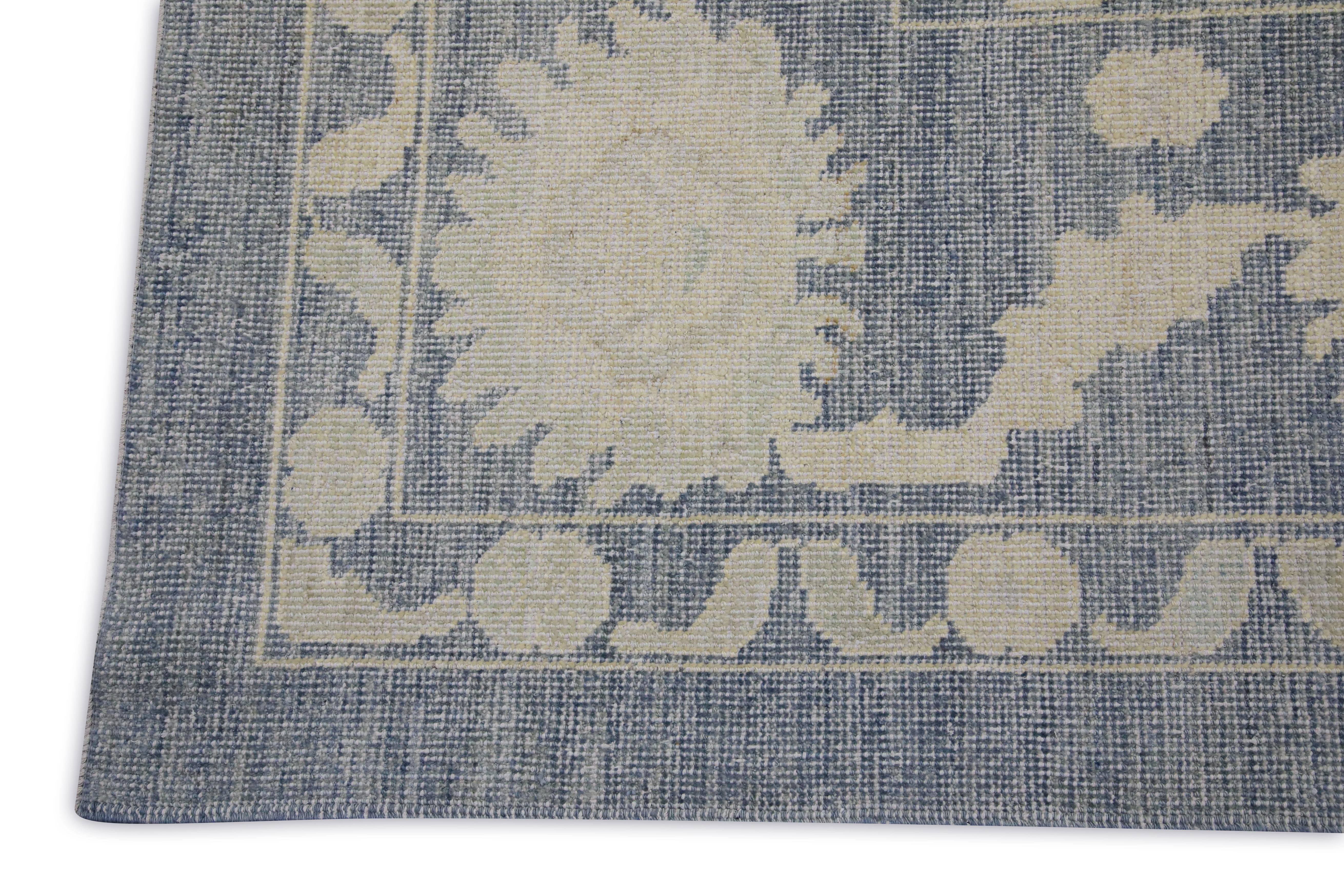 Vegetable Dyed Blue Floral Design Handwoven Wool Turkish Oushak Rug 12'3