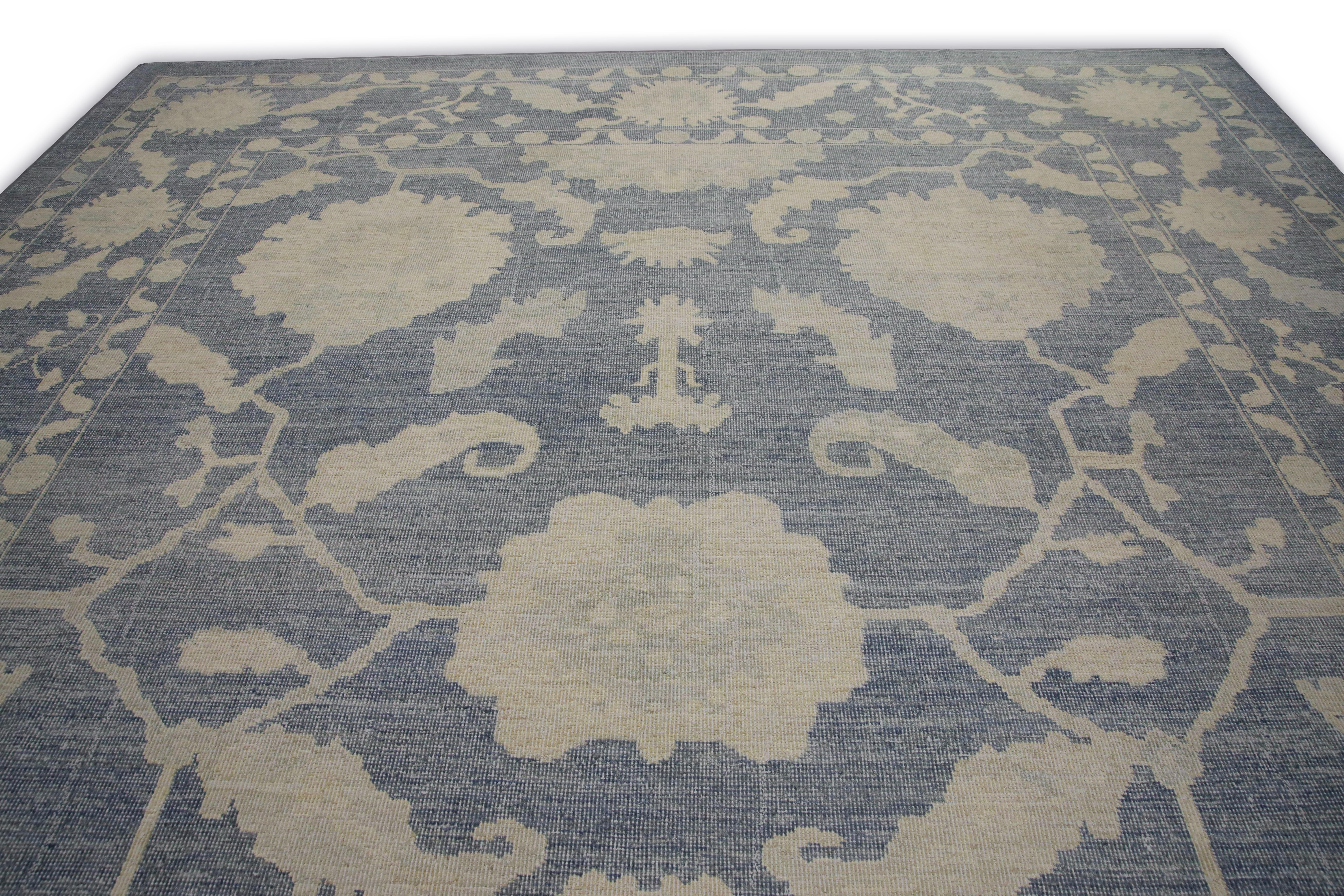 Blue Floral Design Handwoven Wool Turkish Oushak Rug 12'3