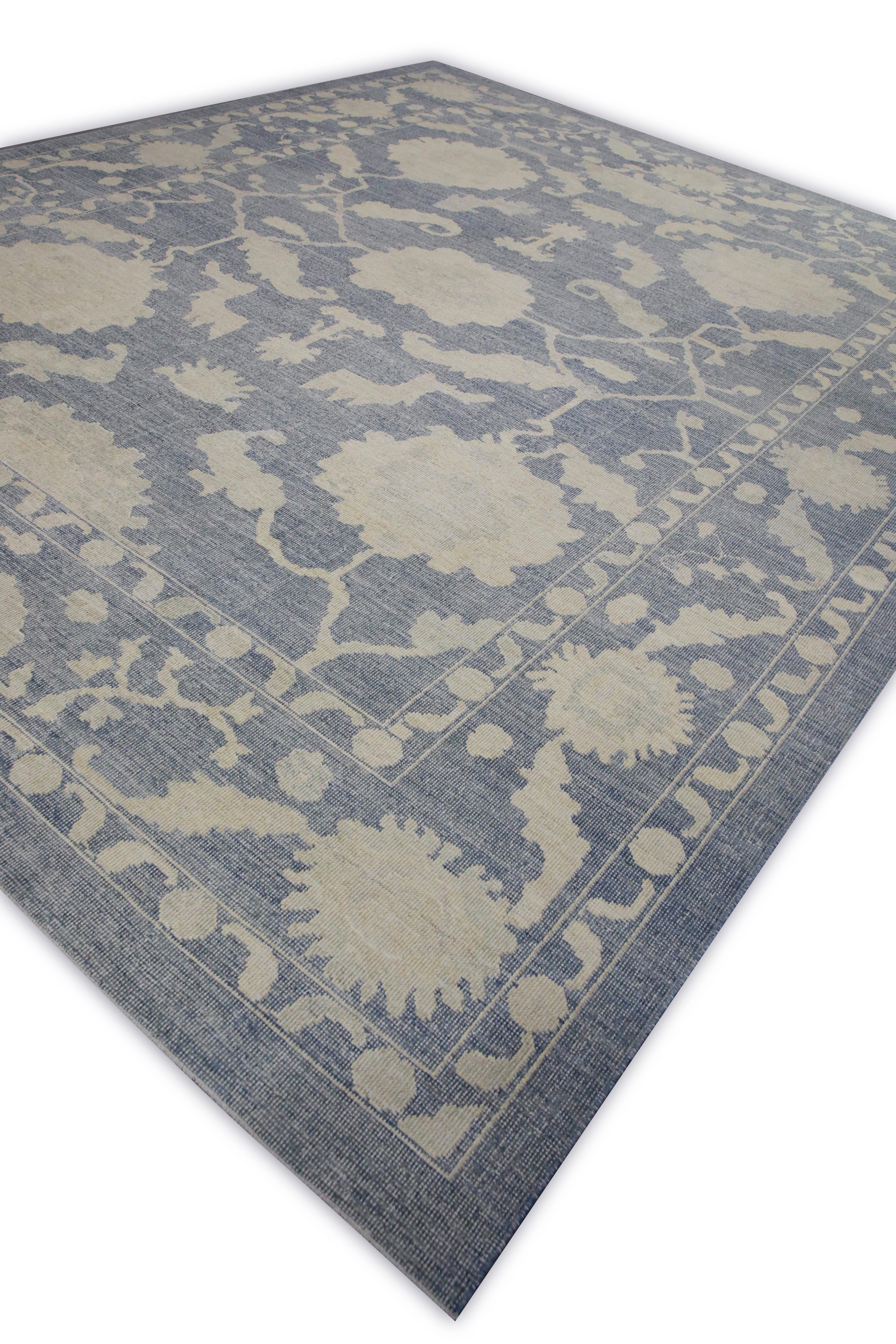 Contemporary Blue Floral Design Handwoven Wool Turkish Oushak Rug 12'3