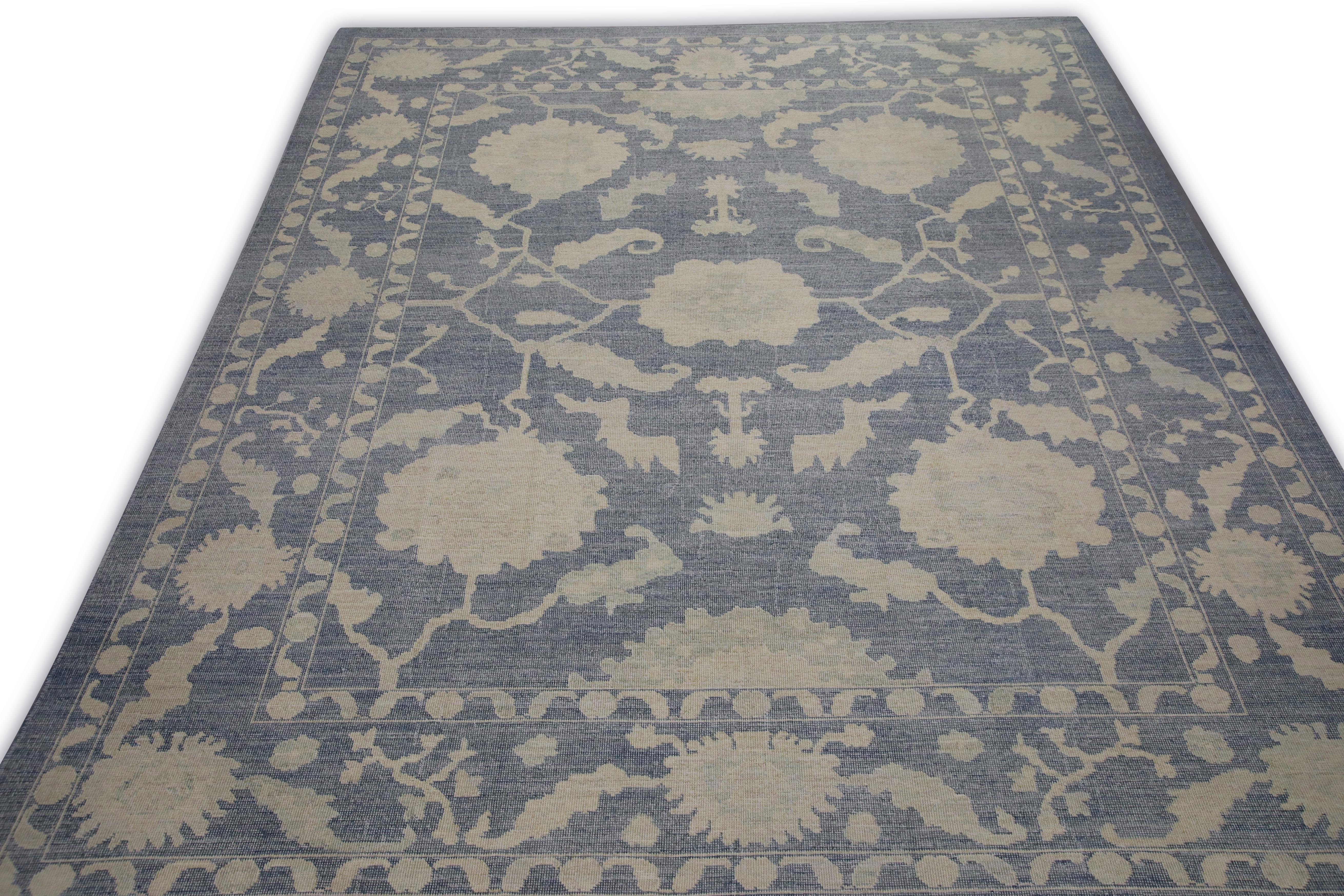 Blue Floral Design Handwoven Wool Turkish Oushak Rug 12'3