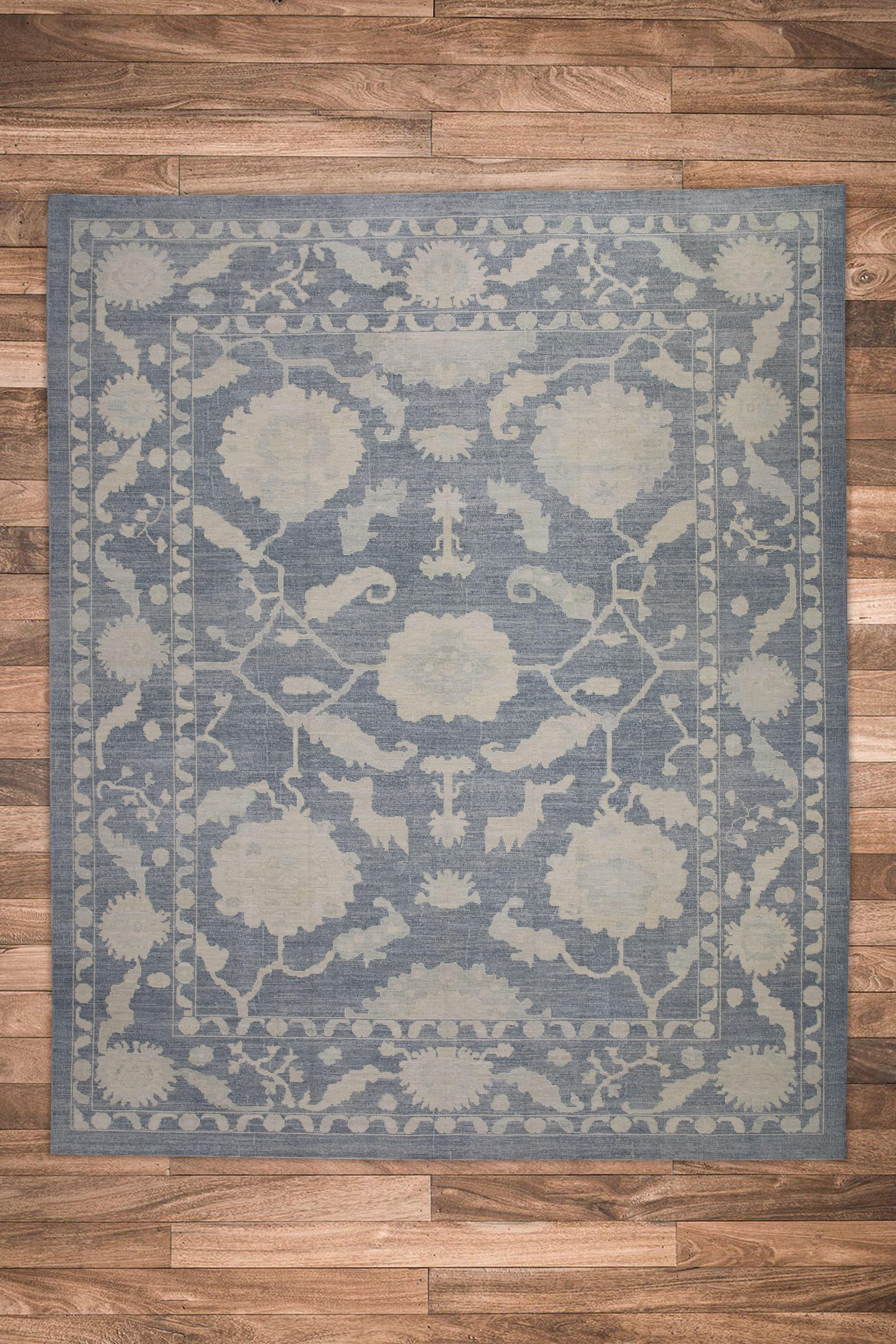 Blue Floral Design Handwoven Wool Turkish Oushak Rug 12'3