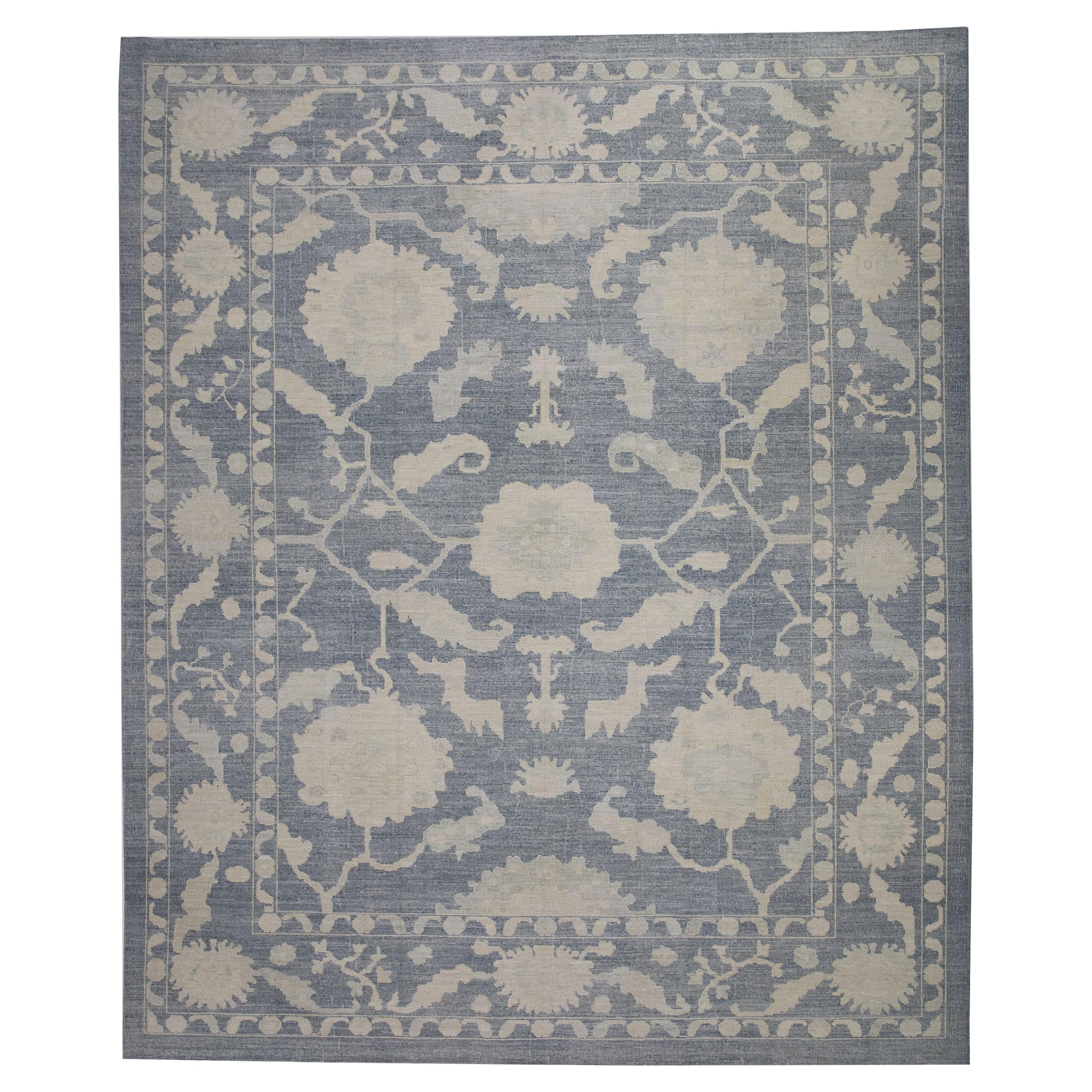 Blue Floral Design Handwoven Wool Turkish Oushak Rug 12'3" X 15' For Sale