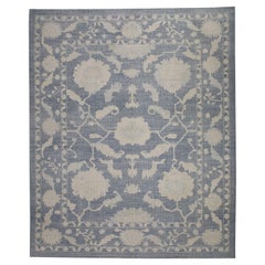 Alfombra Oushak Turca de Lana Tejida a Mano con Diseño Floral Azul 12'3" X 15'
