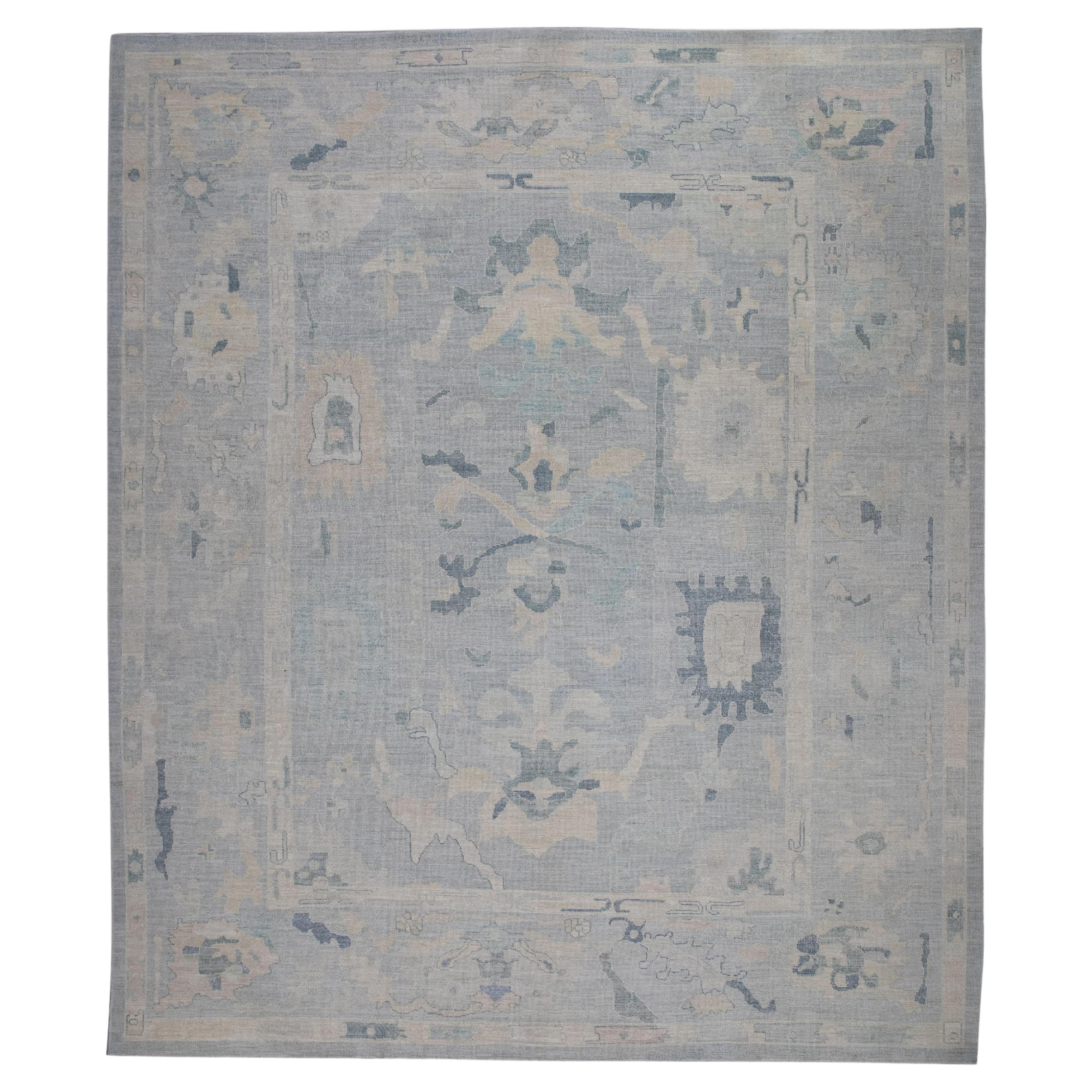 Türkischer Oushak-Teppich aus handgewebter Wolle mit blauem Blumenmuster 12'6" X 14'10"