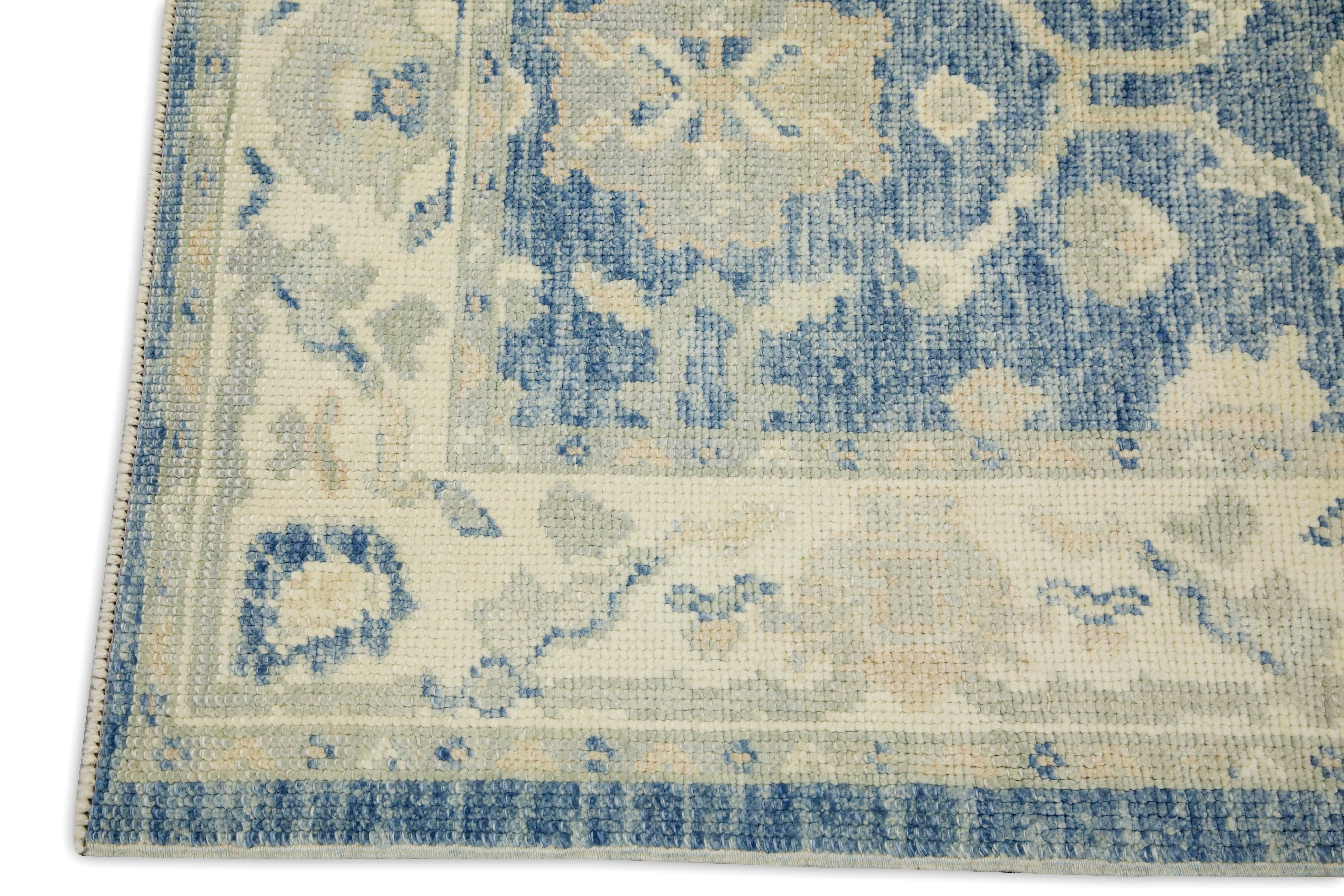 Vegetable Dyed Blue Floral Design Handwoven Wool Turkish Oushak Rug 3' x 4'10
