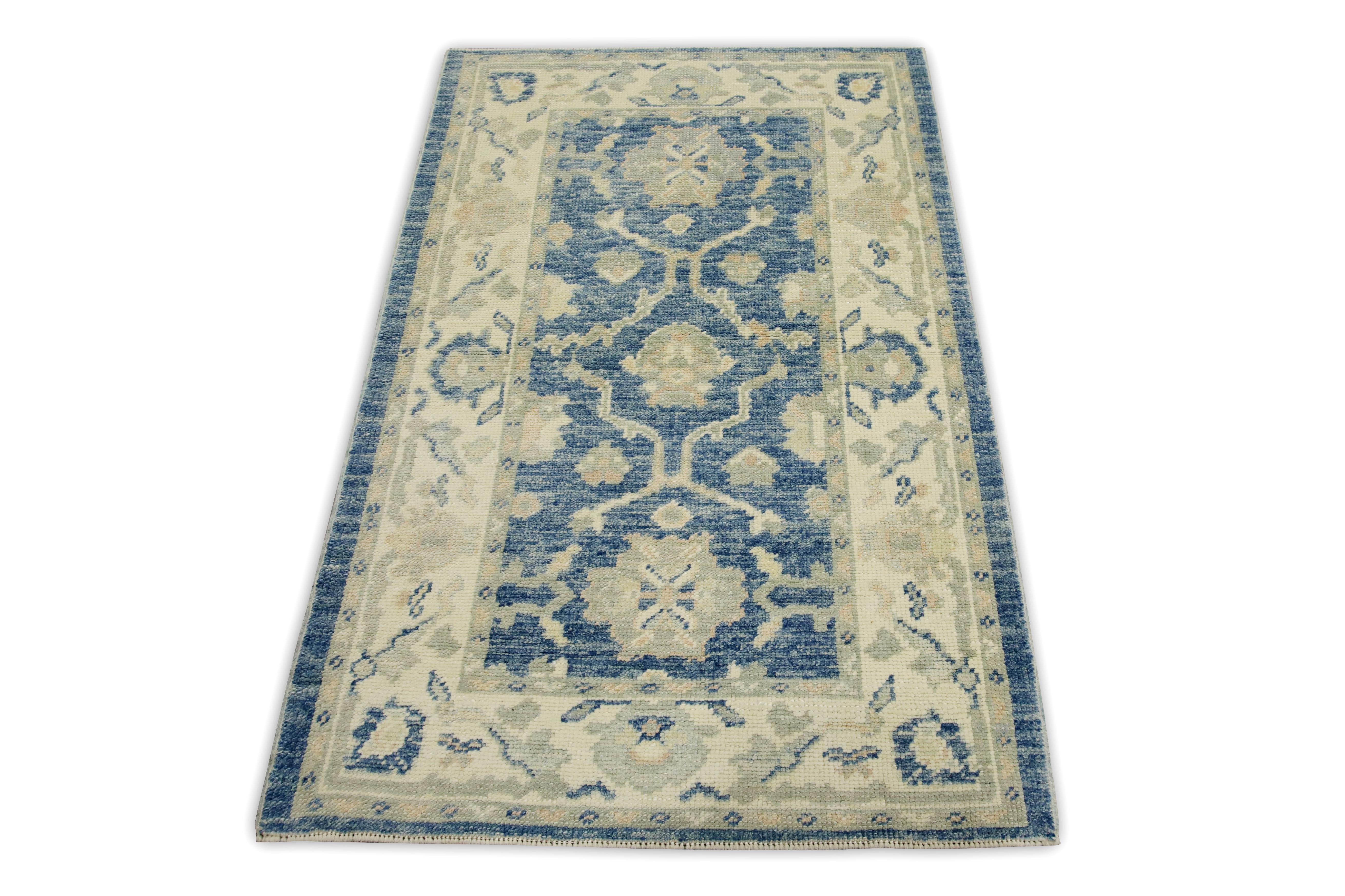 Blue Floral Design Handwoven Wool Turkish Oushak Rug 3' x 4'10