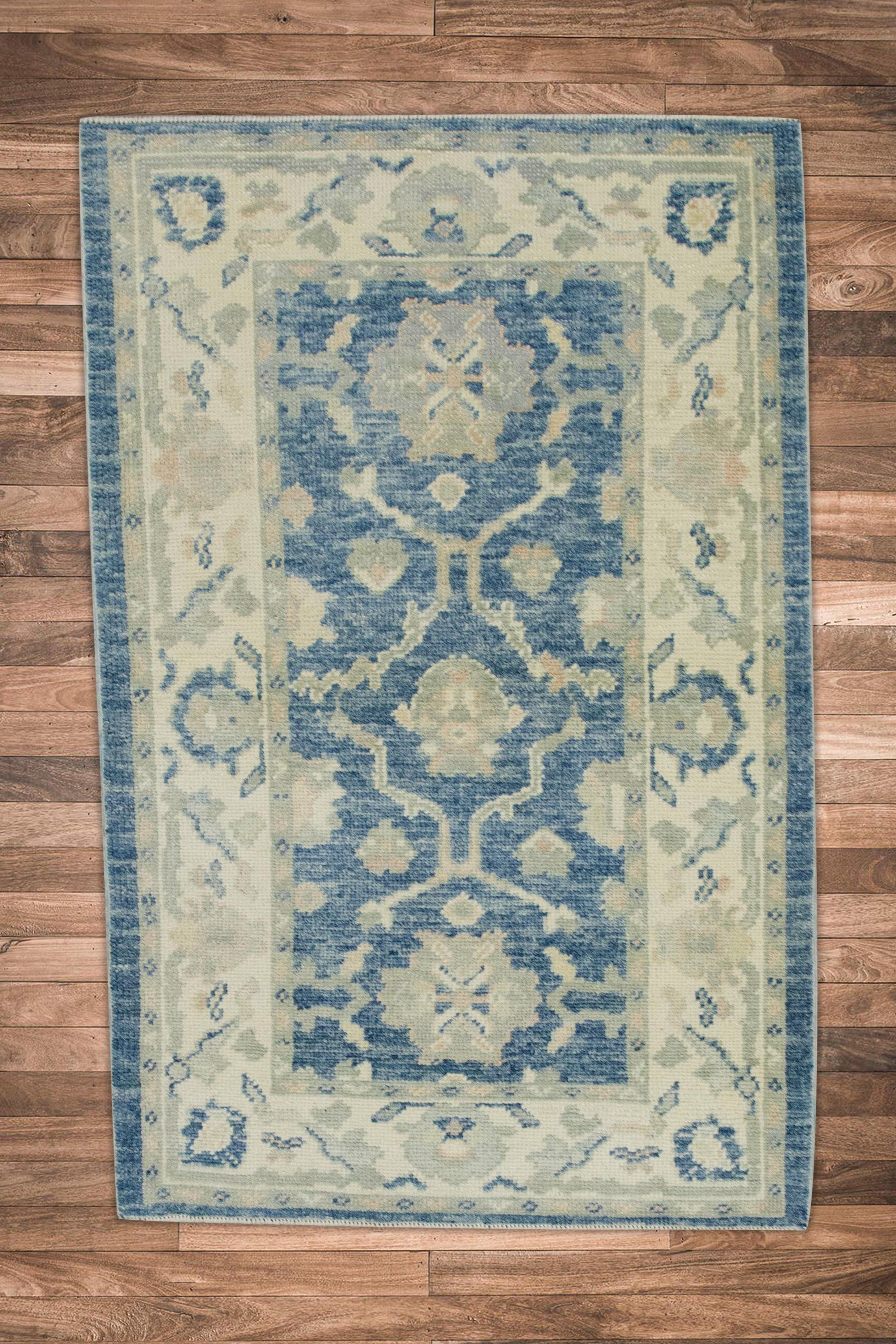 Contemporary Blue Floral Design Handwoven Wool Turkish Oushak Rug 3' x 4'10