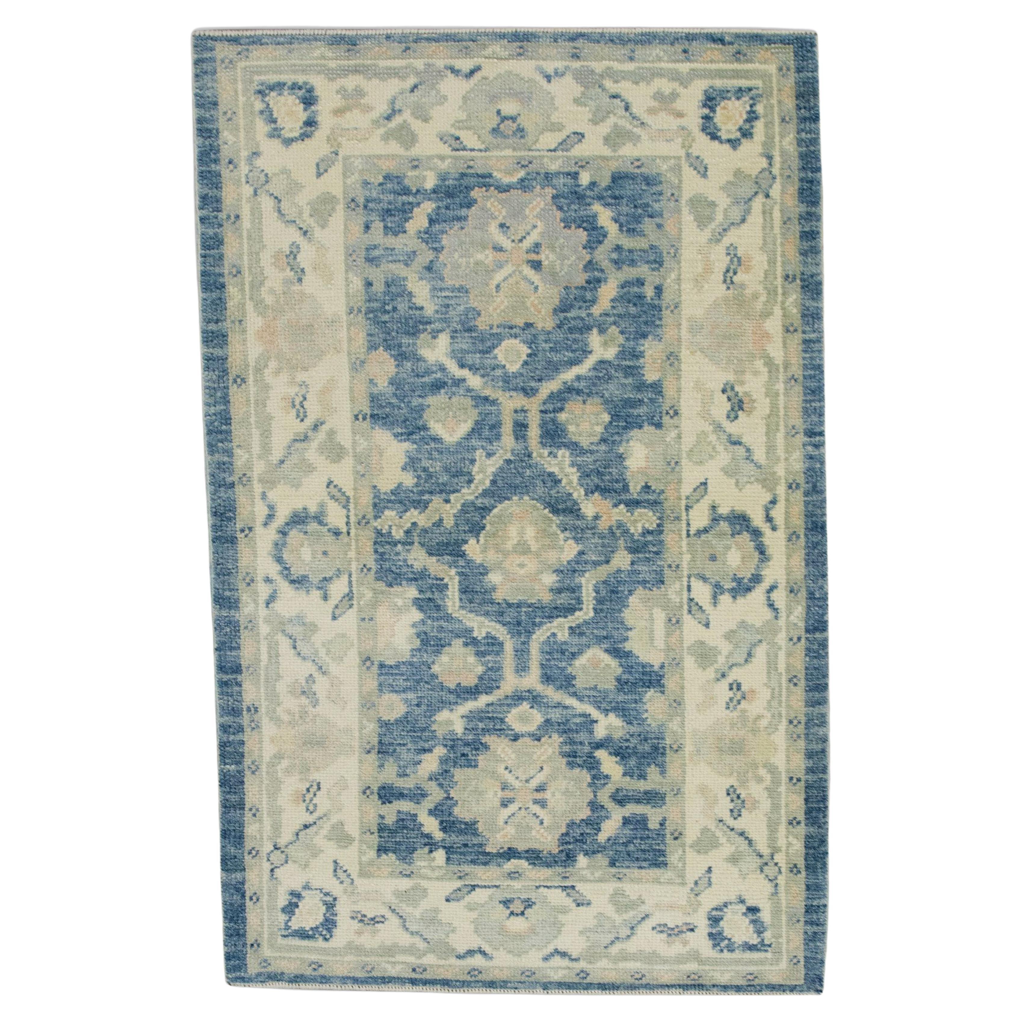 Blue Floral Design Handwoven Wool Turkish Oushak Rug 3' x 4'10"