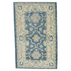 Blue Floral Design Handwoven Wool Turkish Oushak Rug 3' x 4'10"