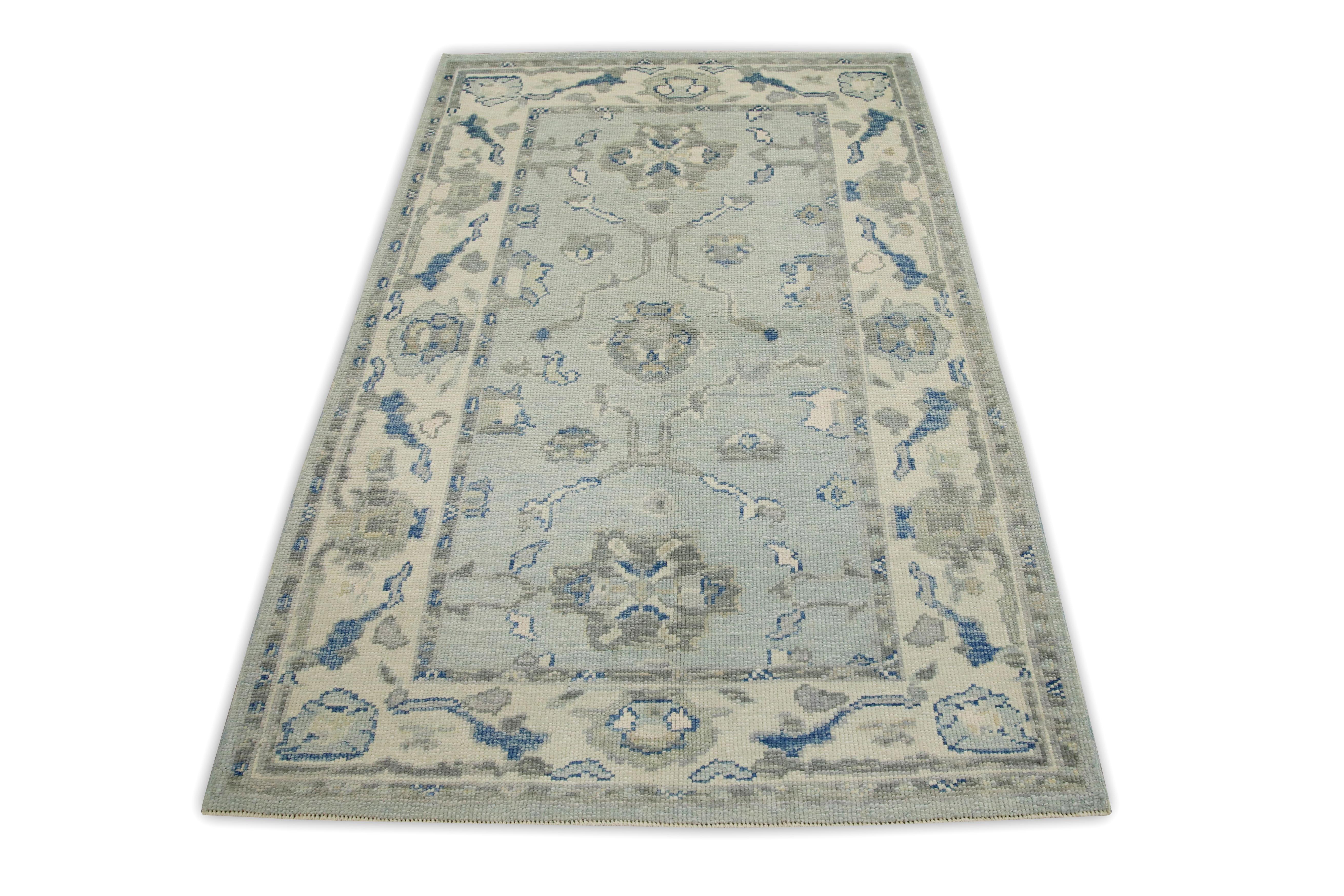 Contemporary Blue Floral Design Handwoven Wool Turkish Oushak Rug 3'10