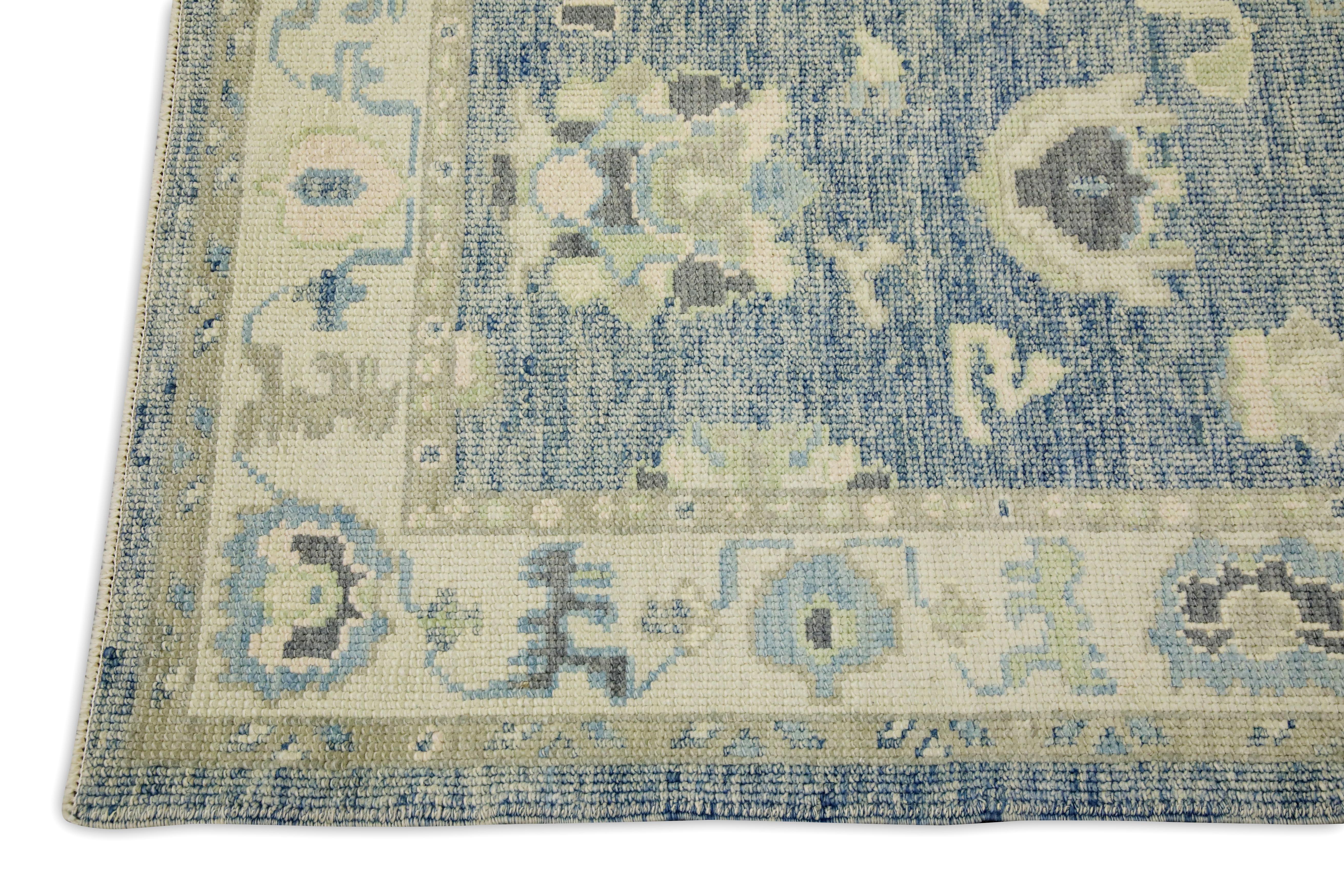 Vegetable Dyed Blue Floral Design Handwoven Wool Turkish Oushak Rug 3'2