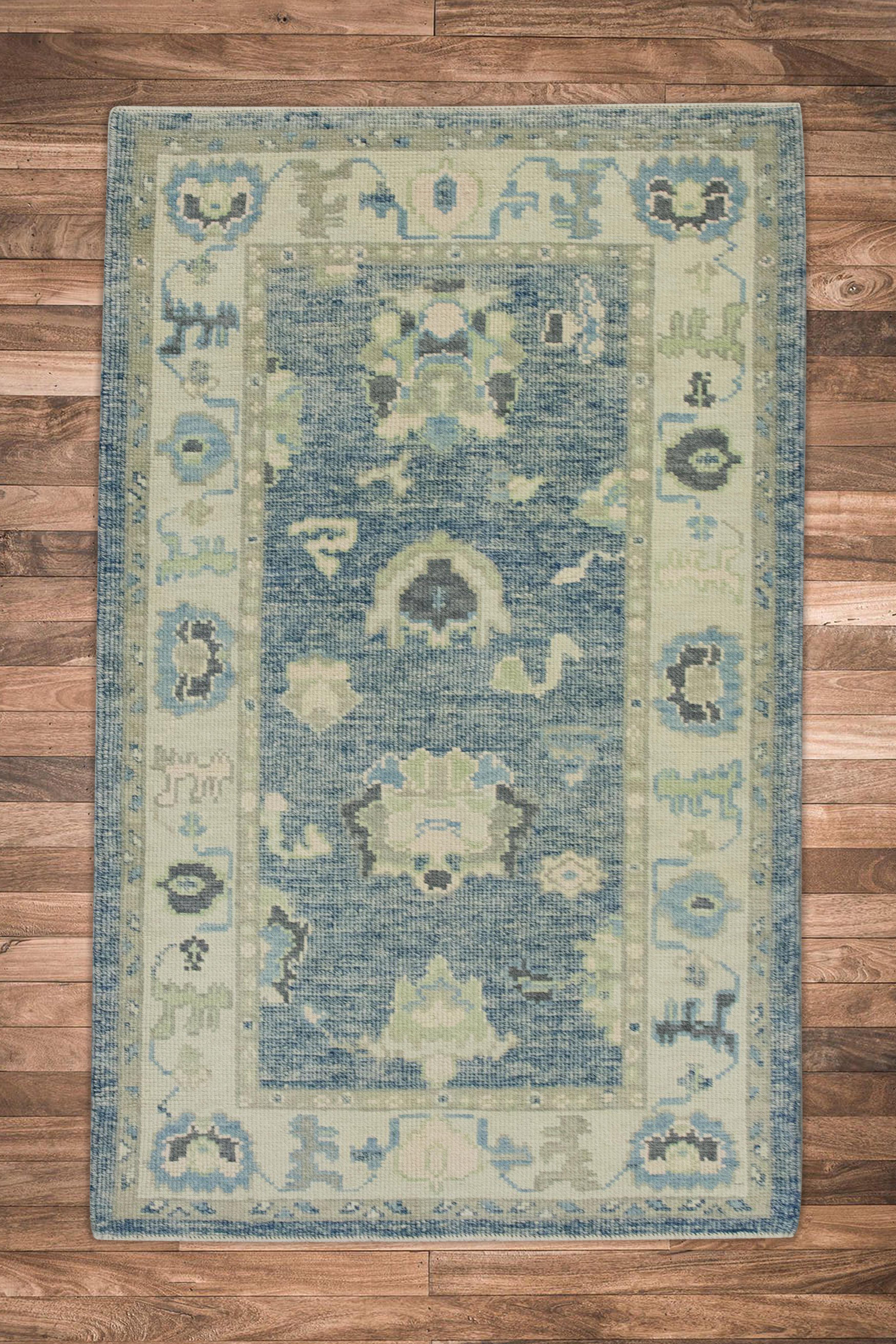 Contemporary Blue Floral Design Handwoven Wool Turkish Oushak Rug 3'2