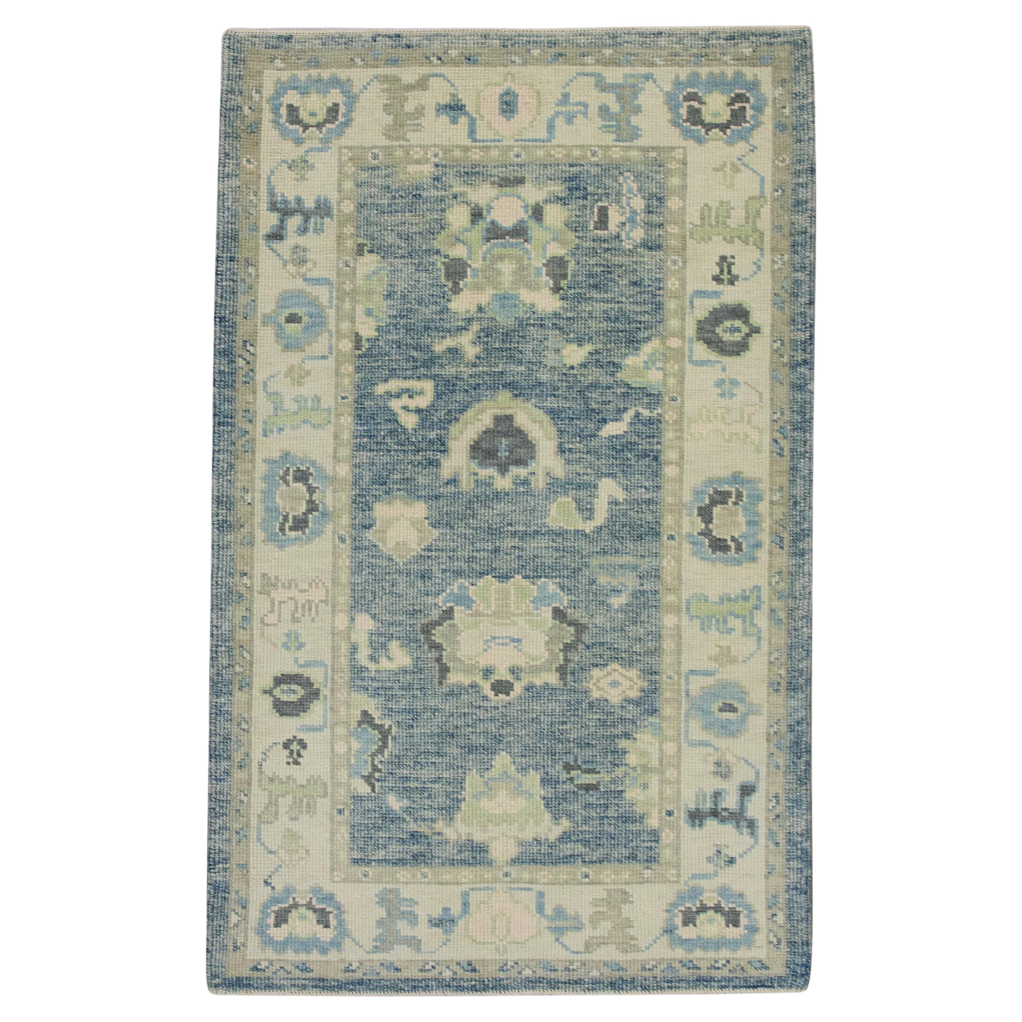 Blue Floral Design Handwoven Wool Turkish Oushak Rug 3'2" x 5'1" For Sale