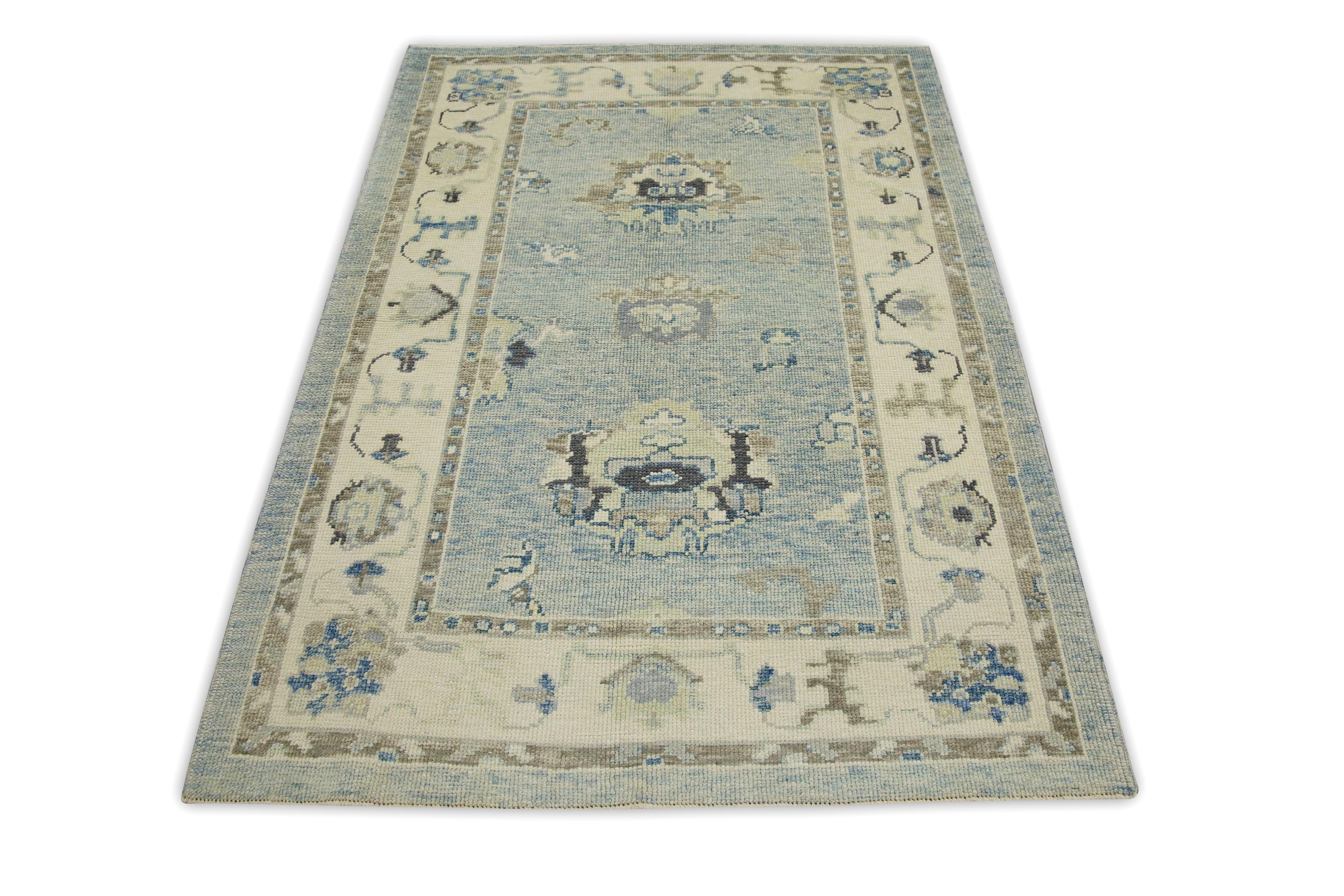 Contemporary Blue Floral Design Handwoven Wool Turkish Oushak Rug 4' x 5'7