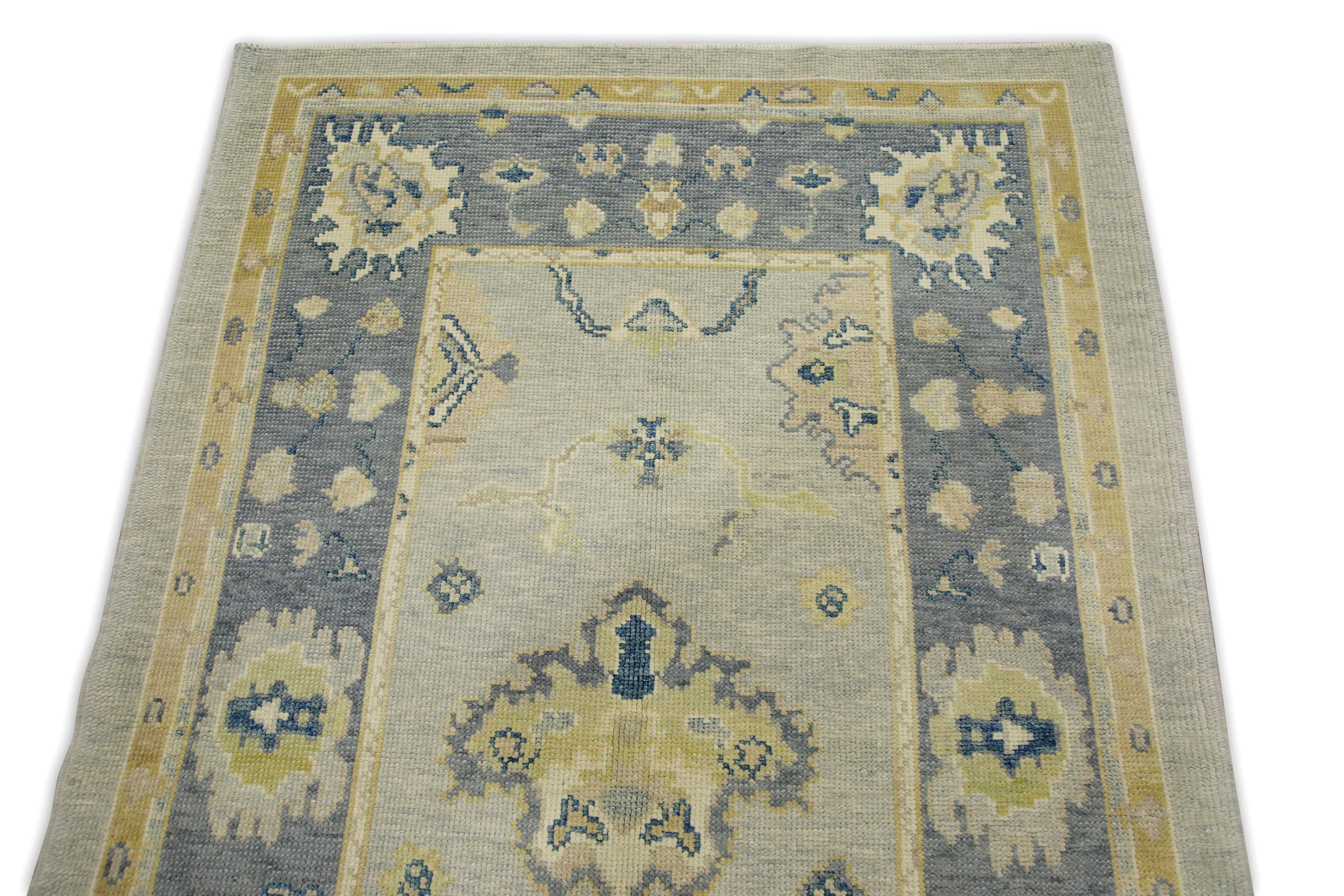Blue Floral Design Handwoven Wool Turkish Oushak Rug 4' x 6'1