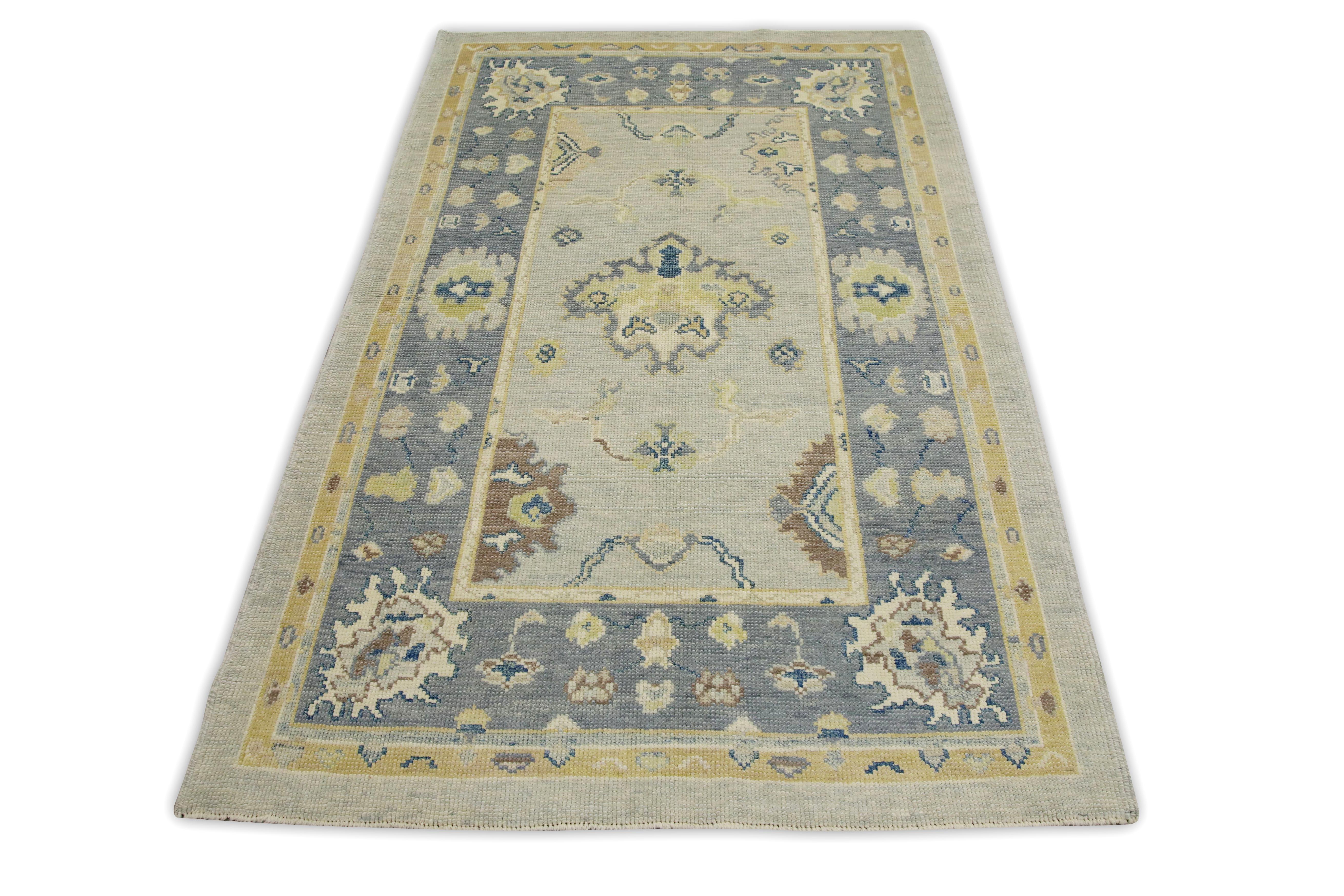 Contemporary Blue Floral Design Handwoven Wool Turkish Oushak Rug 4' x 6'1
