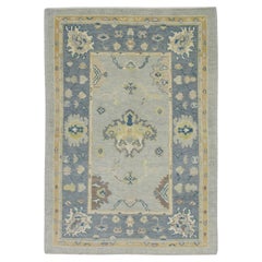 Blue Floral Design Handwoven Wool Turkish Oushak Rug 4' x 6'1"