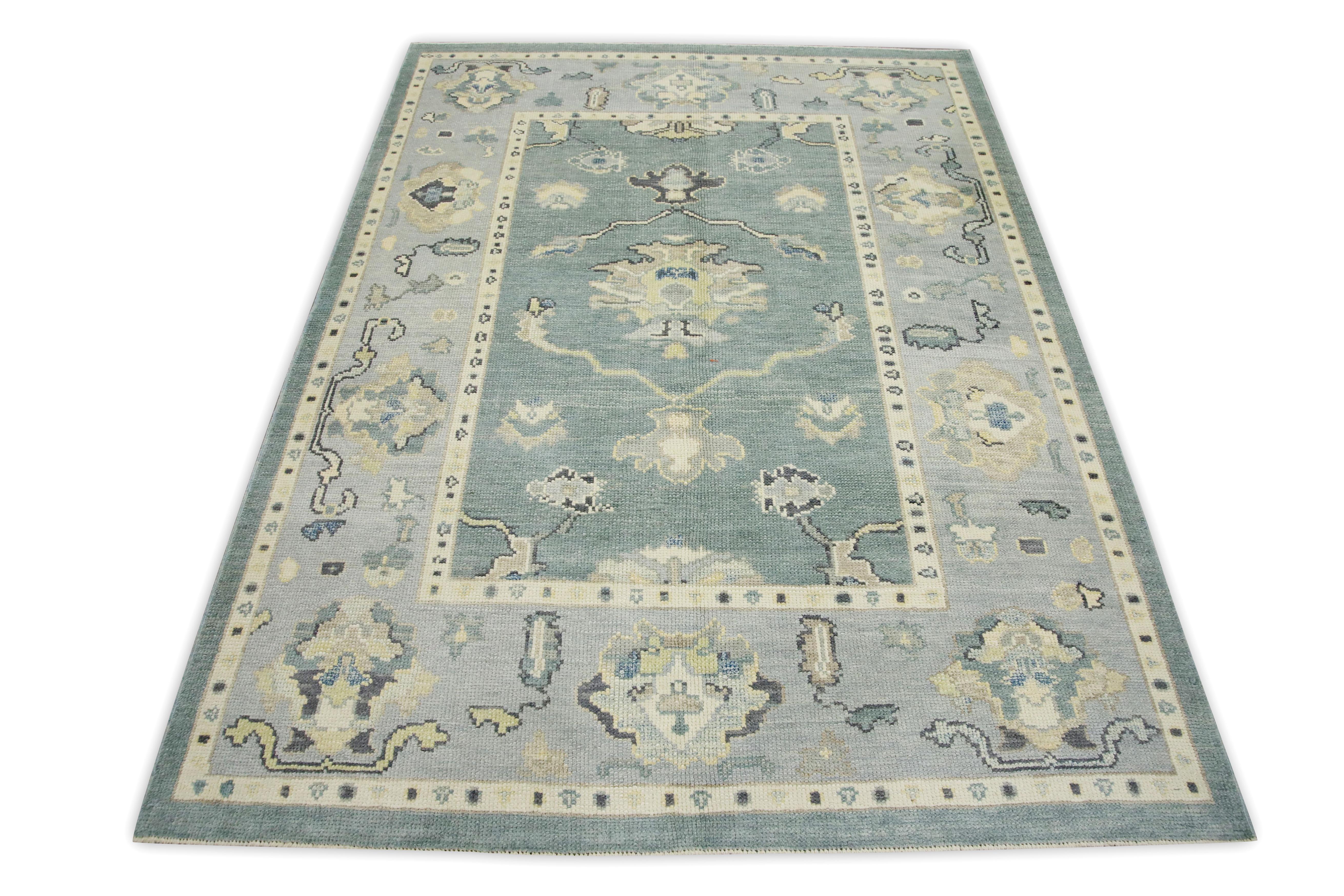 Contemporary Blue Floral Design Handwoven Wool Turkish Oushak Rug 5'1