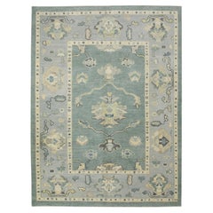 Blue Floral Design Handwoven Wool Turkish Oushak Rug 5'1" x 6'10"