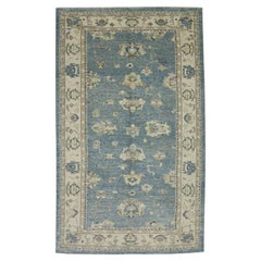 Blue Floral Design Handwoven Wool Turkish Oushak Rug 5'2" x 8'3"