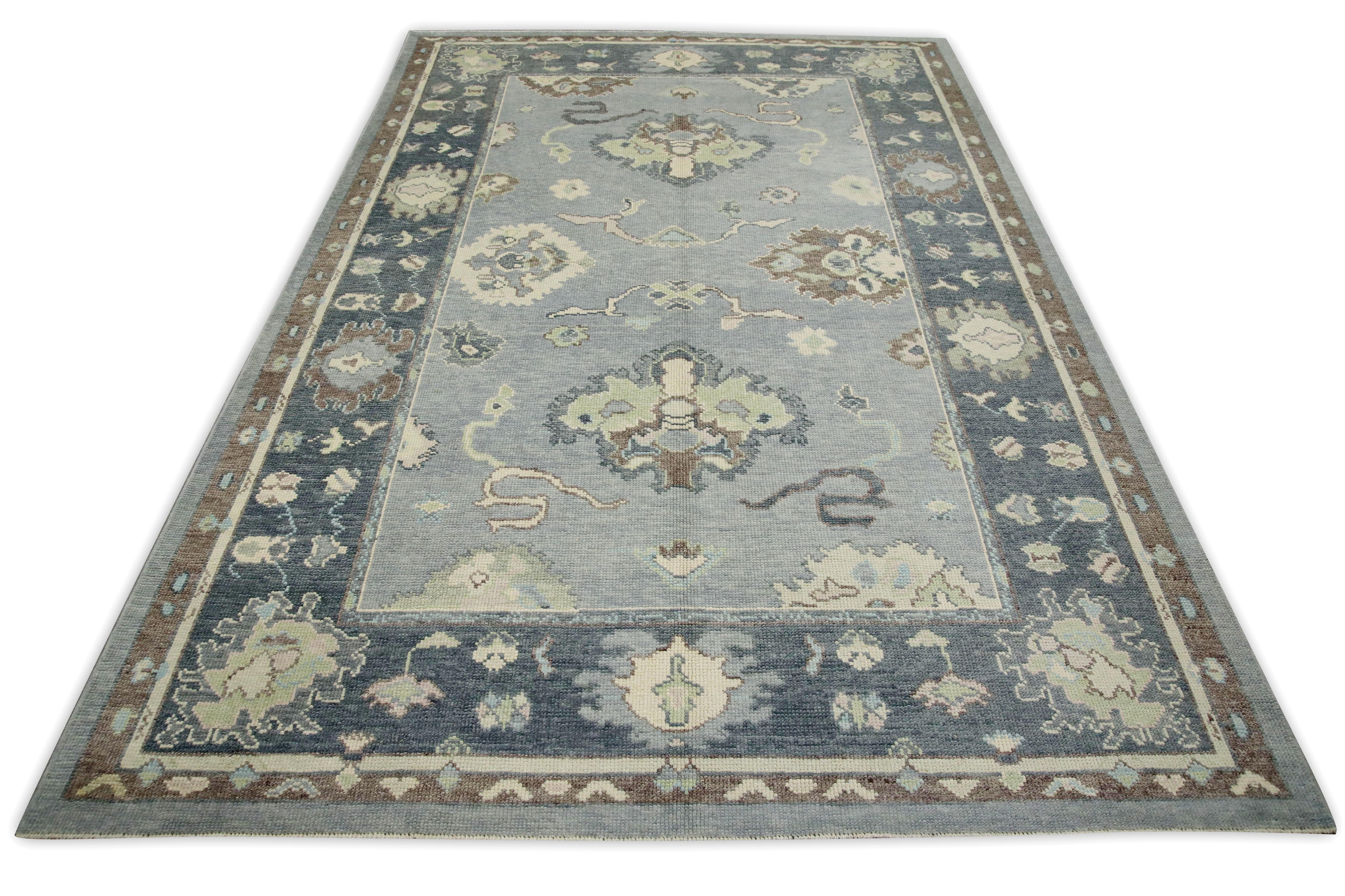 Contemporary Blue Floral Design Handwoven Wool Turkish Oushak Rug 6'3