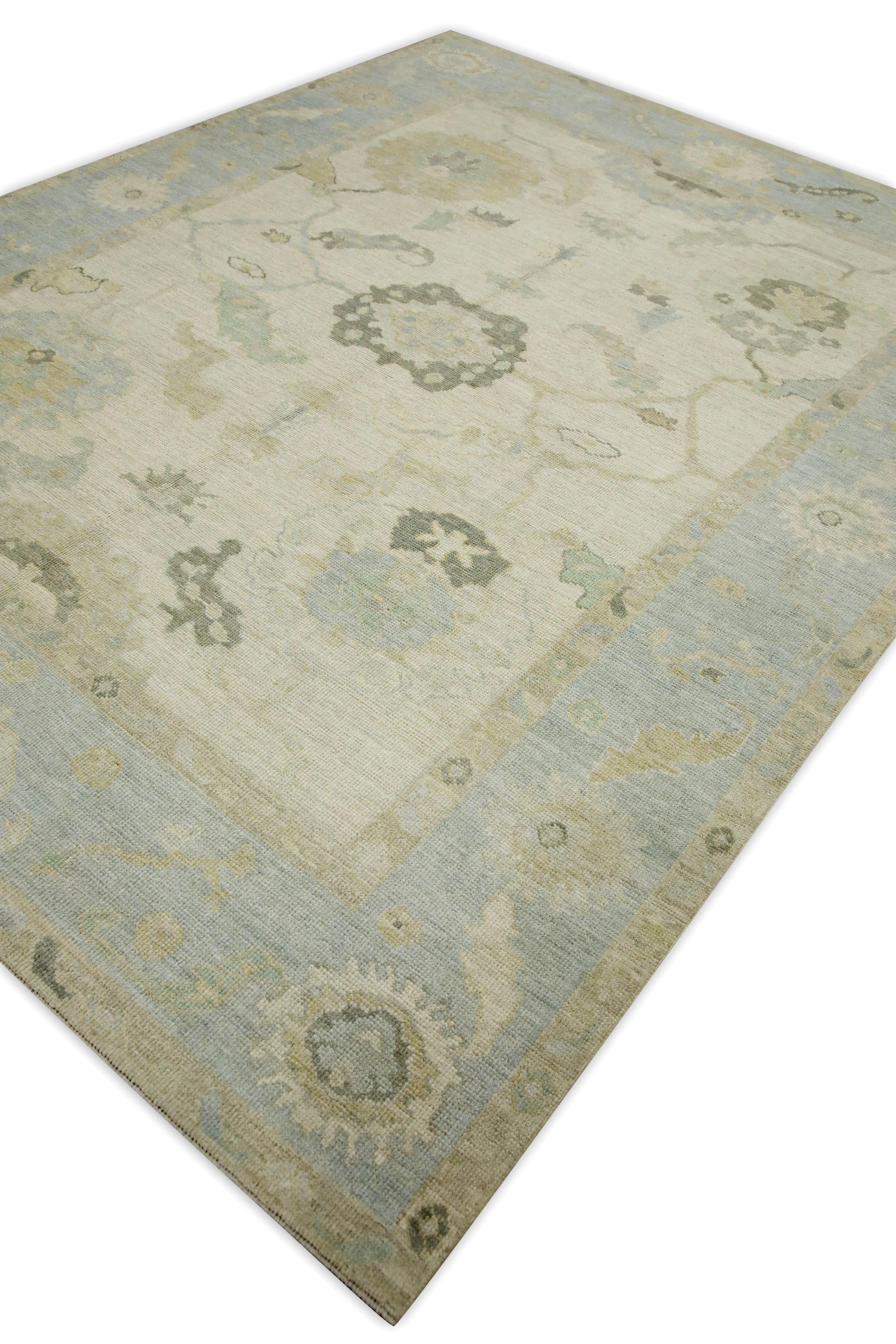 Contemporary Blue Floral Design Handwoven Wool Turkish Oushak Rug 7'11