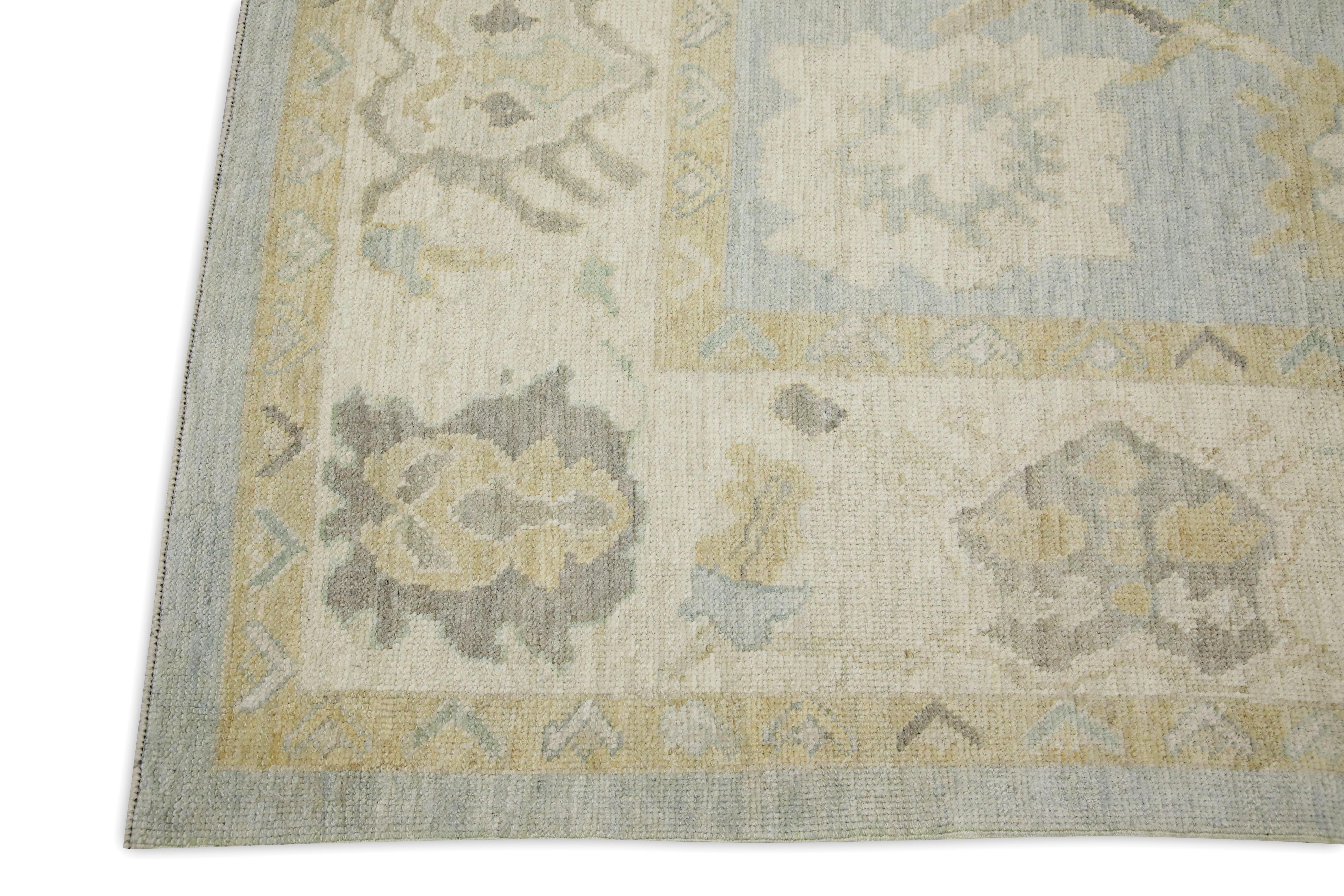 Vegetable Dyed Blue Floral Design Handwoven Wool Turkish Oushak Rug 8' x 10'3