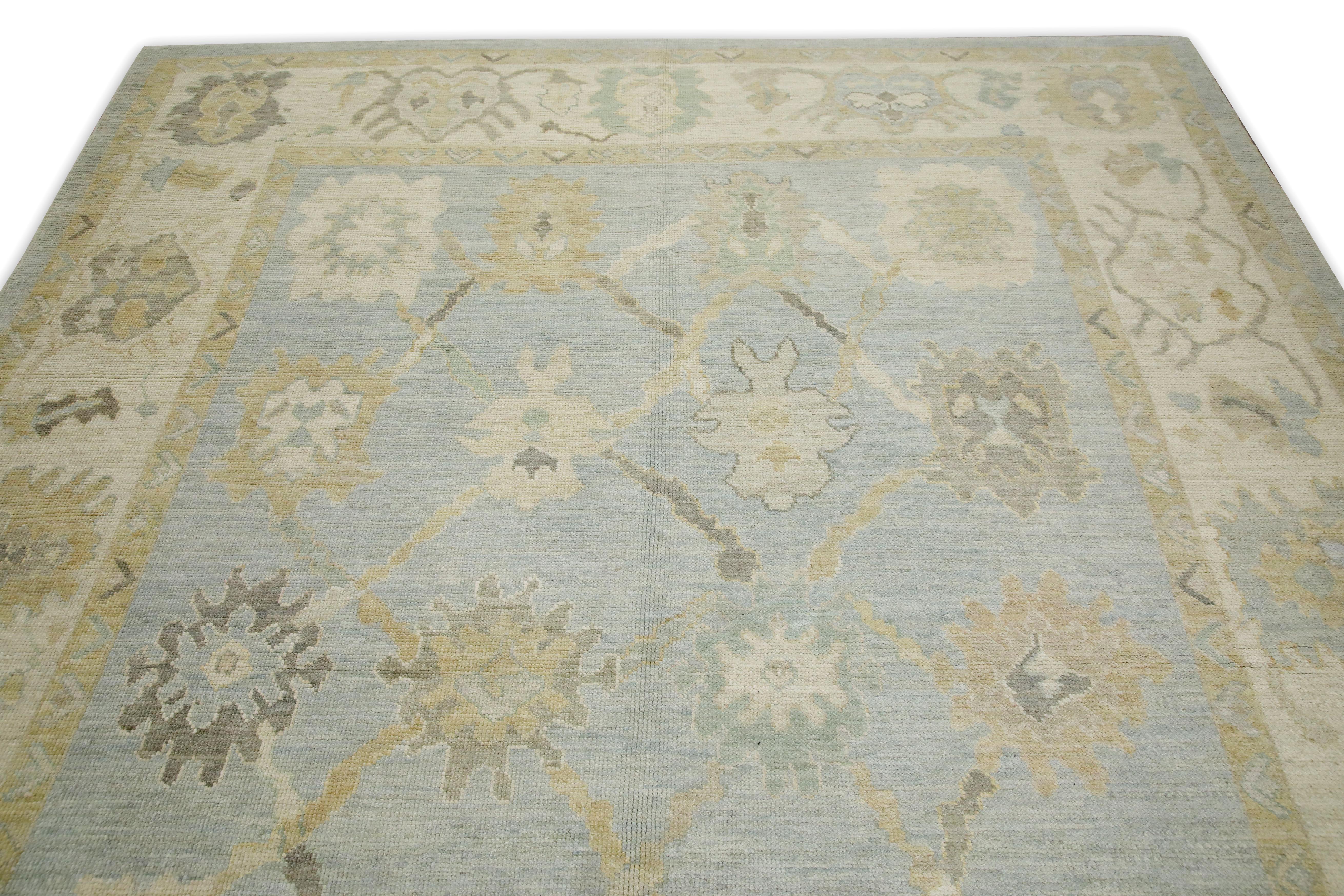 Blue Floral Design Handwoven Wool Turkish Oushak Rug 8' x 10'3