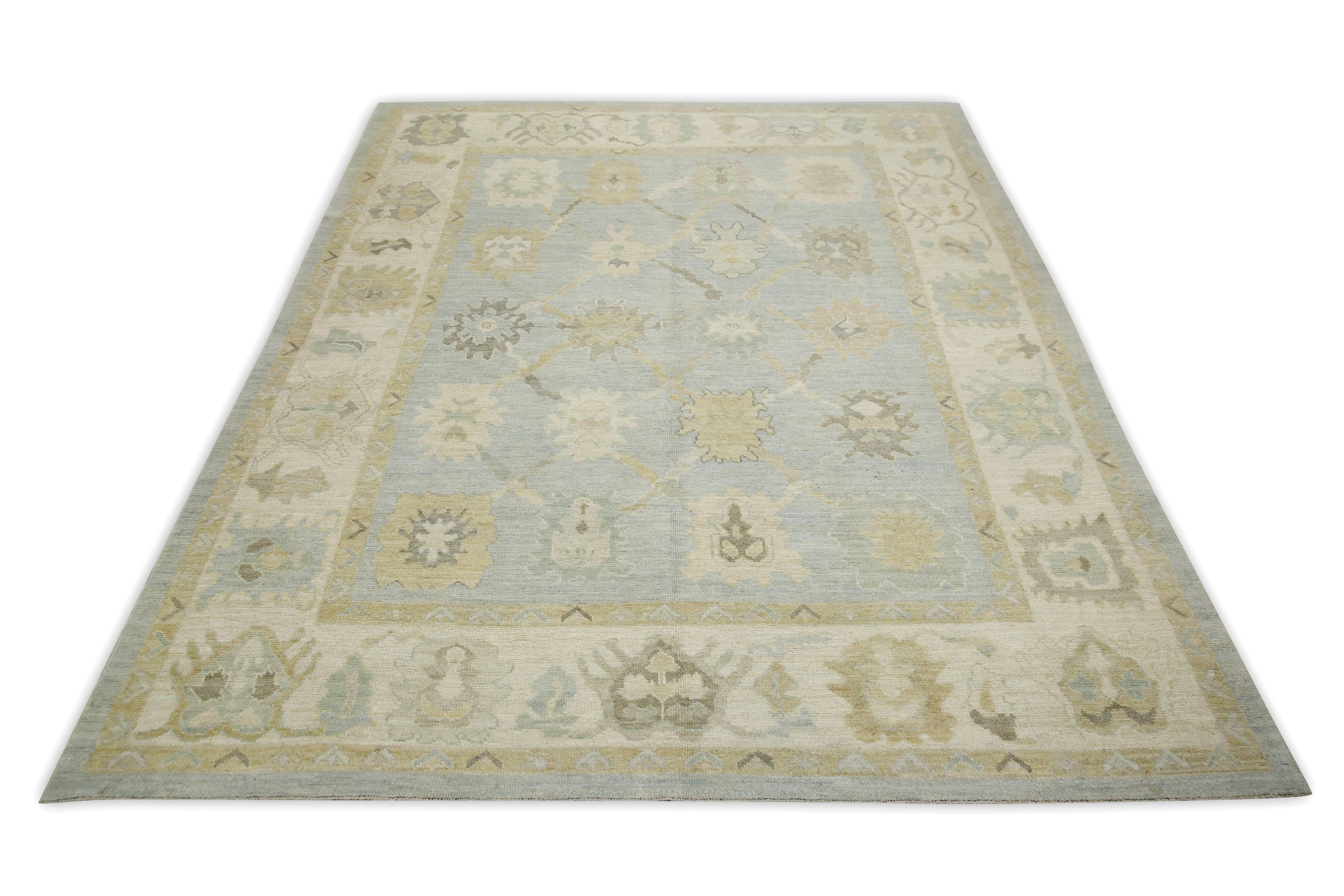 Blue Floral Design Handwoven Wool Turkish Oushak Rug 8' x 10'3