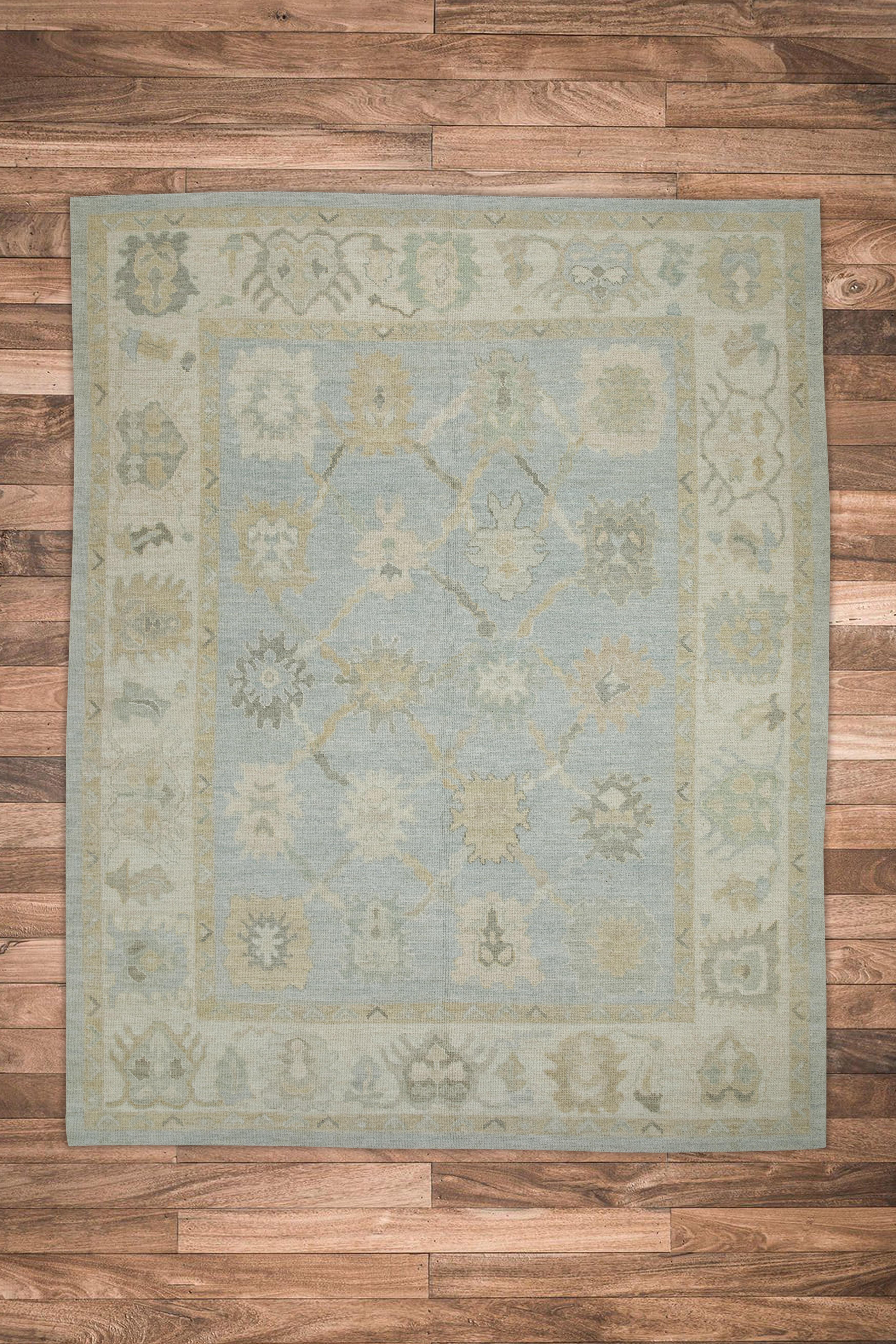 Blue Floral Design Handwoven Wool Turkish Oushak Rug 8' x 10'3