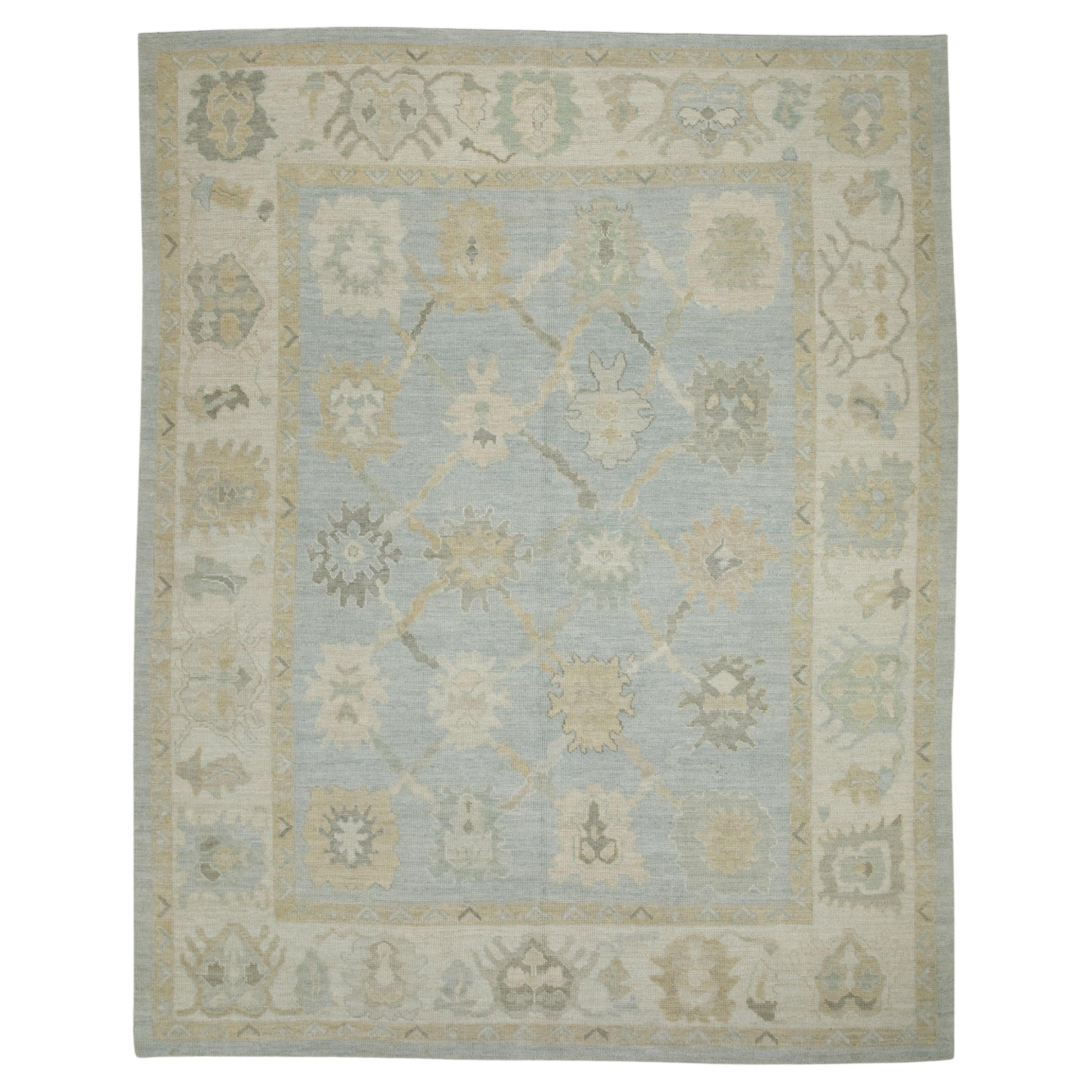 Tapis turc Oushak en laine à motifs floraux bleus tissés à la main 8' x 10'3".
